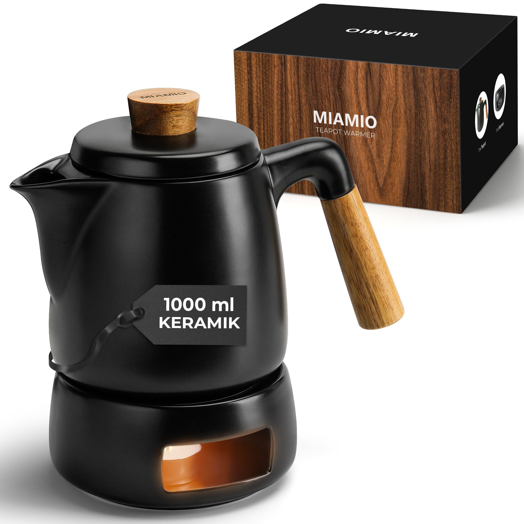 MiaMio Teeservice Teekanne mit Stövchen und Siebeinsatz, 1 l, Schwarz (3-tlg), Keramik, mit Stövchen und Siebeinsatz, 1 l
