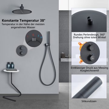 HOMELODY Duschsystem Dusche mit Thermostat,38 ° C Thermostat,Regendusche, 1 Strahlart(en), Thermostat mit Brausegarnitur Mit Kopfbrausem,Schwarz,Messing