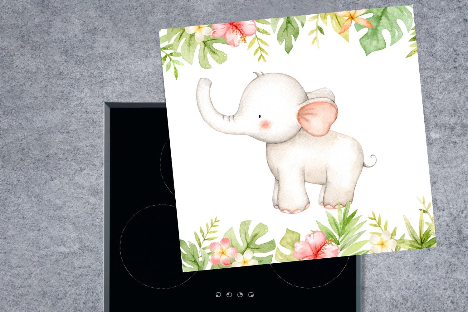 - MuchoWow Blumen Herdblende-/Abdeckplatte Elefant 78x78 cm, Aquarellfarbe Arbeitsplatte tlg), - Ceranfeldabdeckung, küche - für Pflanzen, (1 Vinyl,
