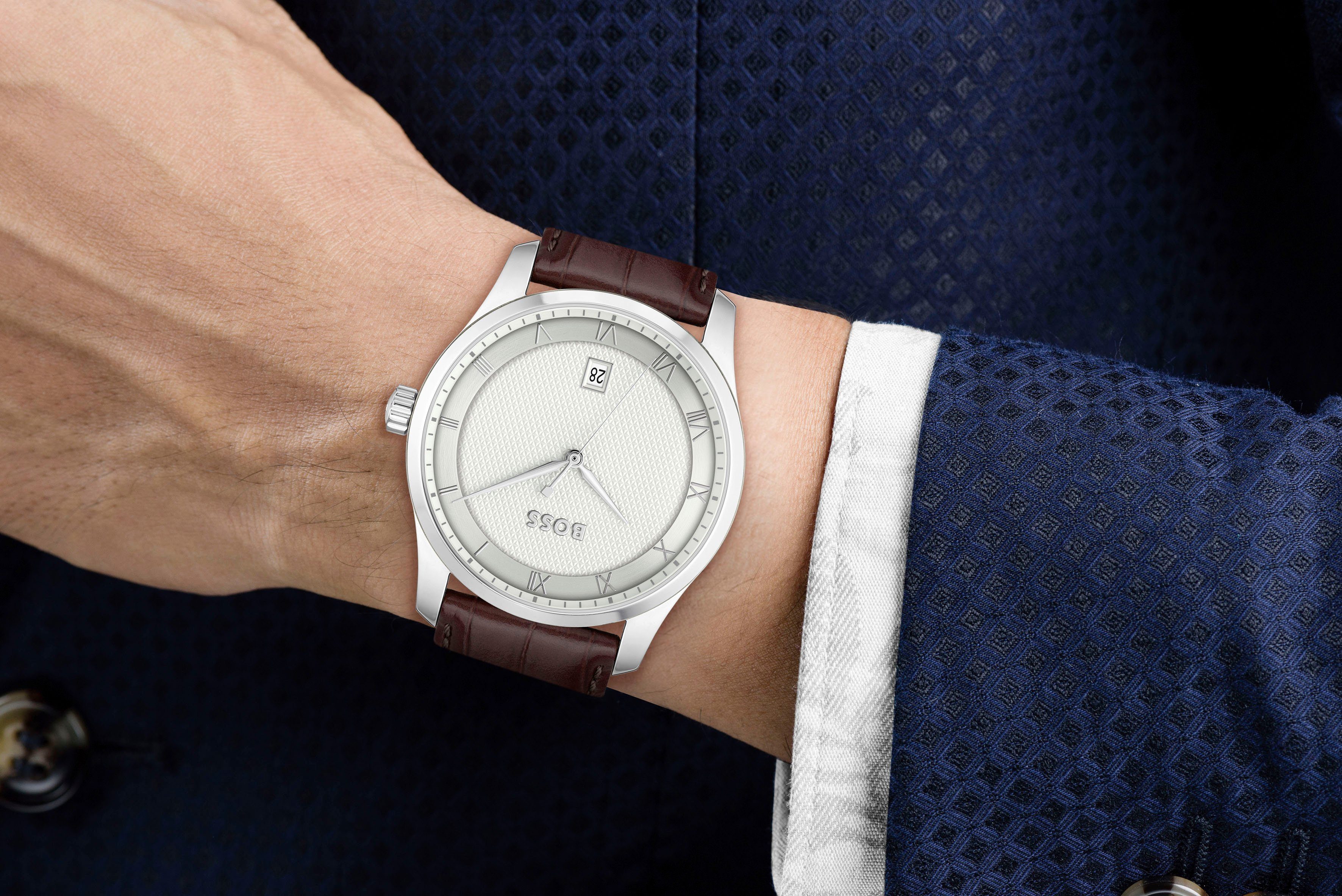 BOSS Quarzuhr PRINCIPLE 1514114, Herrenuhr, Armbanduhr, Datum, Lederarmband