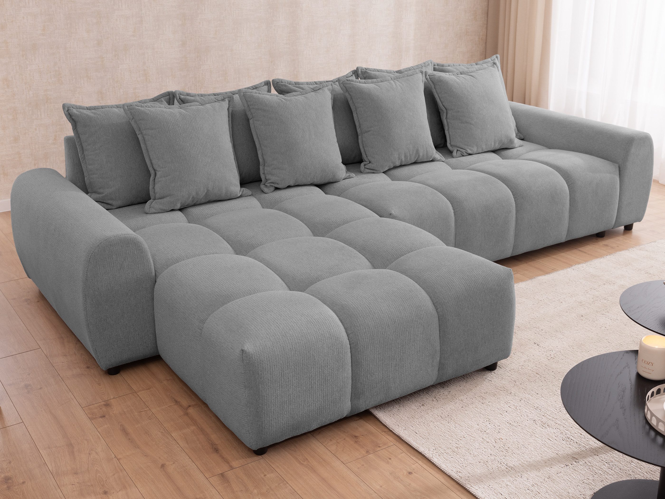 S-Style Möbel Ecksofa Bubble mit Schlaffunktion und Hocker mit losen Rückenkissen, aus Strukturstoff, mit Wellenfederung