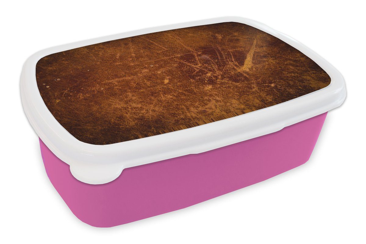 MuchoWow Lunchbox Leder - Lederoptik - Braun - Orange, Kunststoff, (2-tlg), Brotbox für Erwachsene, Brotdose Kinder, Snackbox, Mädchen, Kunststoff rosa