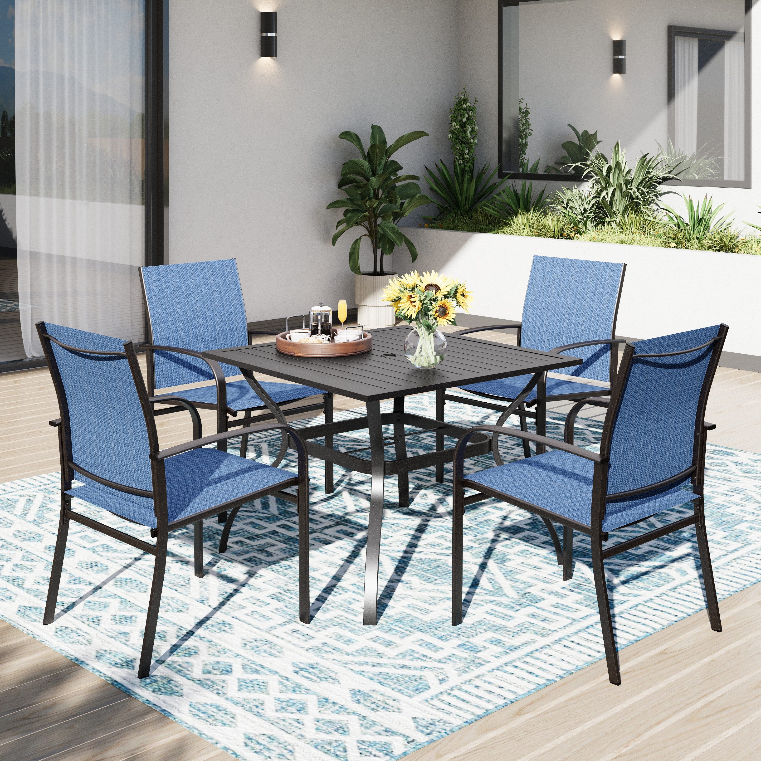 PHI VILLA Garten-Essgruppe, (5-teiliges Gartenmöbel Set Wetterfest, Gartentisch und 4 Textilene Stühle), Terrassenmöbel Sitzgruppe Outdoor für Balkon, Deck, Hof