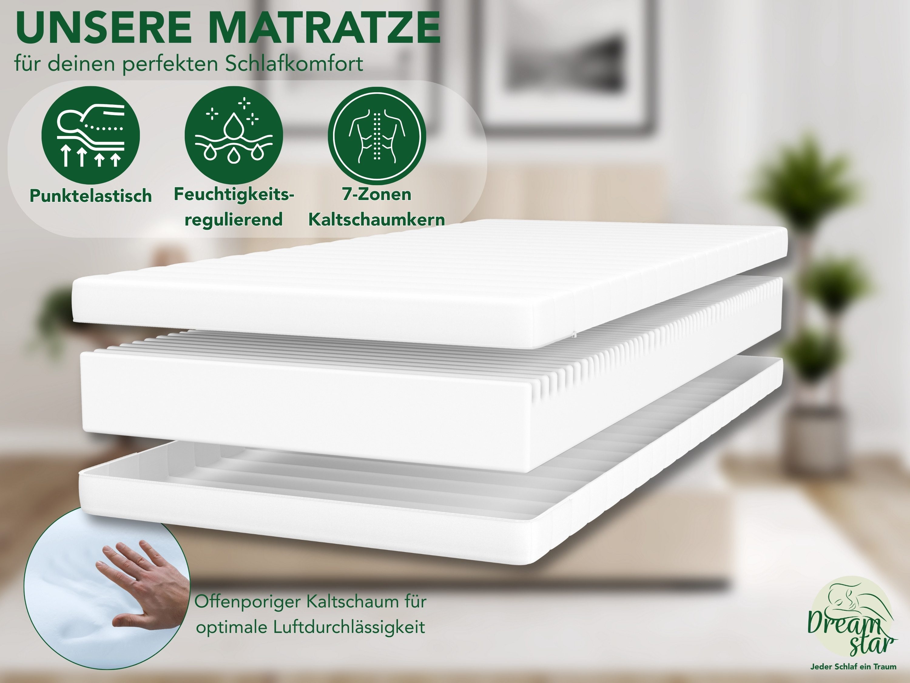 Kaltschaummatratze Easy Flex, 7-Zonen Matratze mit Duo-Härtegrad (H2/H3 & H3/H4), Dreamstar, wendbar, atmungsaktiv, ergonomisch - für jede Schlafposition