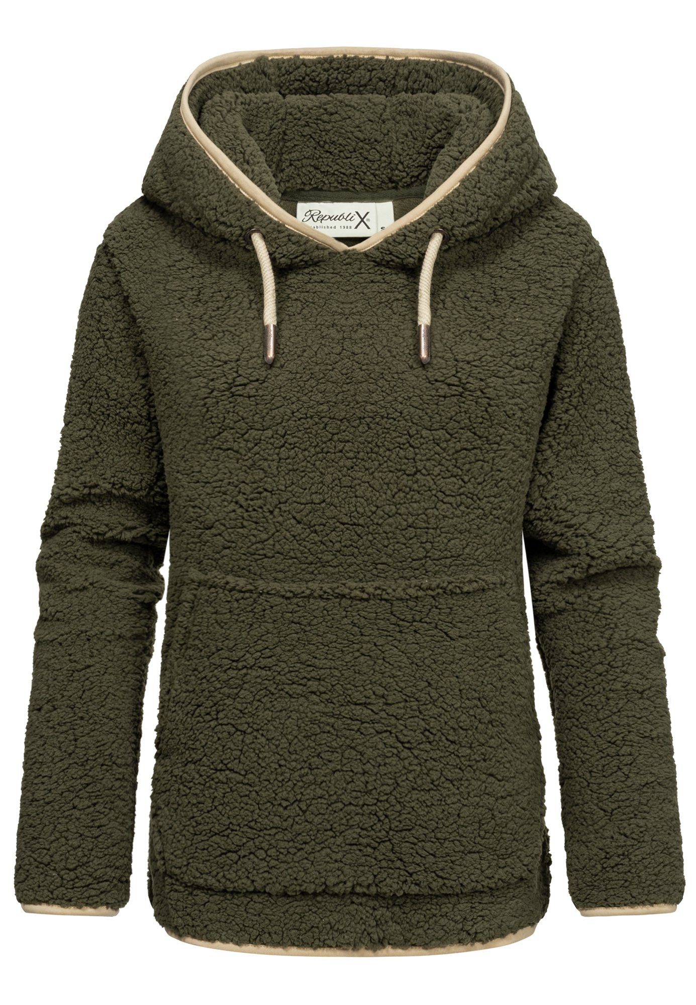 Damen CAROL Teddy REPUBLIX Pullover Khaki Plüsch Jacke Kapuzenpullover Hoodie Sweatjacke