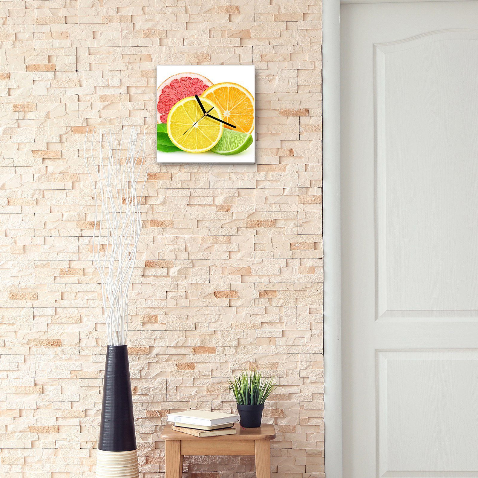 Wanduhr cm Zitrusfrüchte Größe halbiert Wandkunst 30 x Primedeco Glasuhr mit 30 Wanduhr Motiv