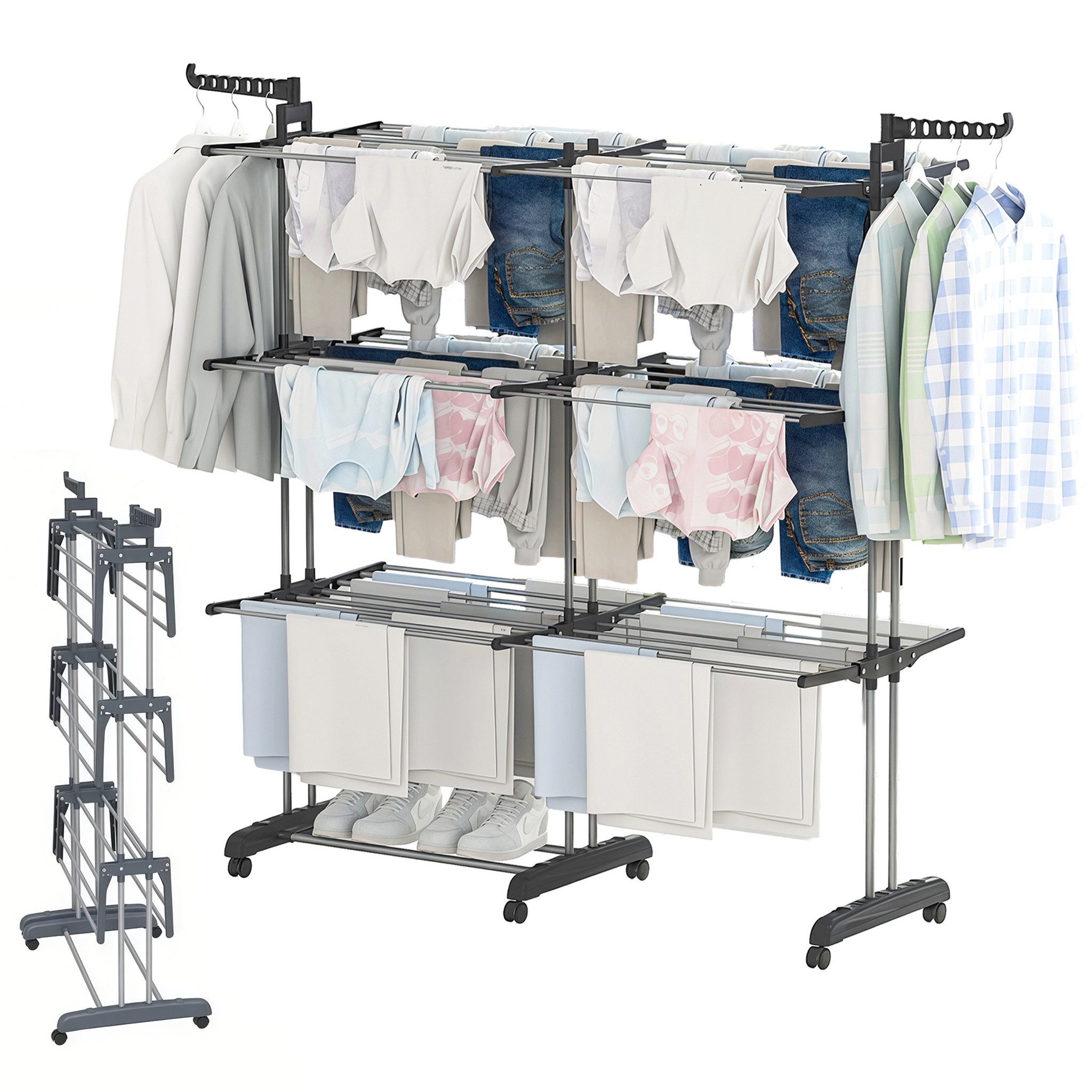 PFCTART Wäscheständer Großer Stand-Wäscheständer Turm mit Rollen – ausziehbar, Turmwäscheständer mit zweistufigem Design & hoher Belastbarkeit