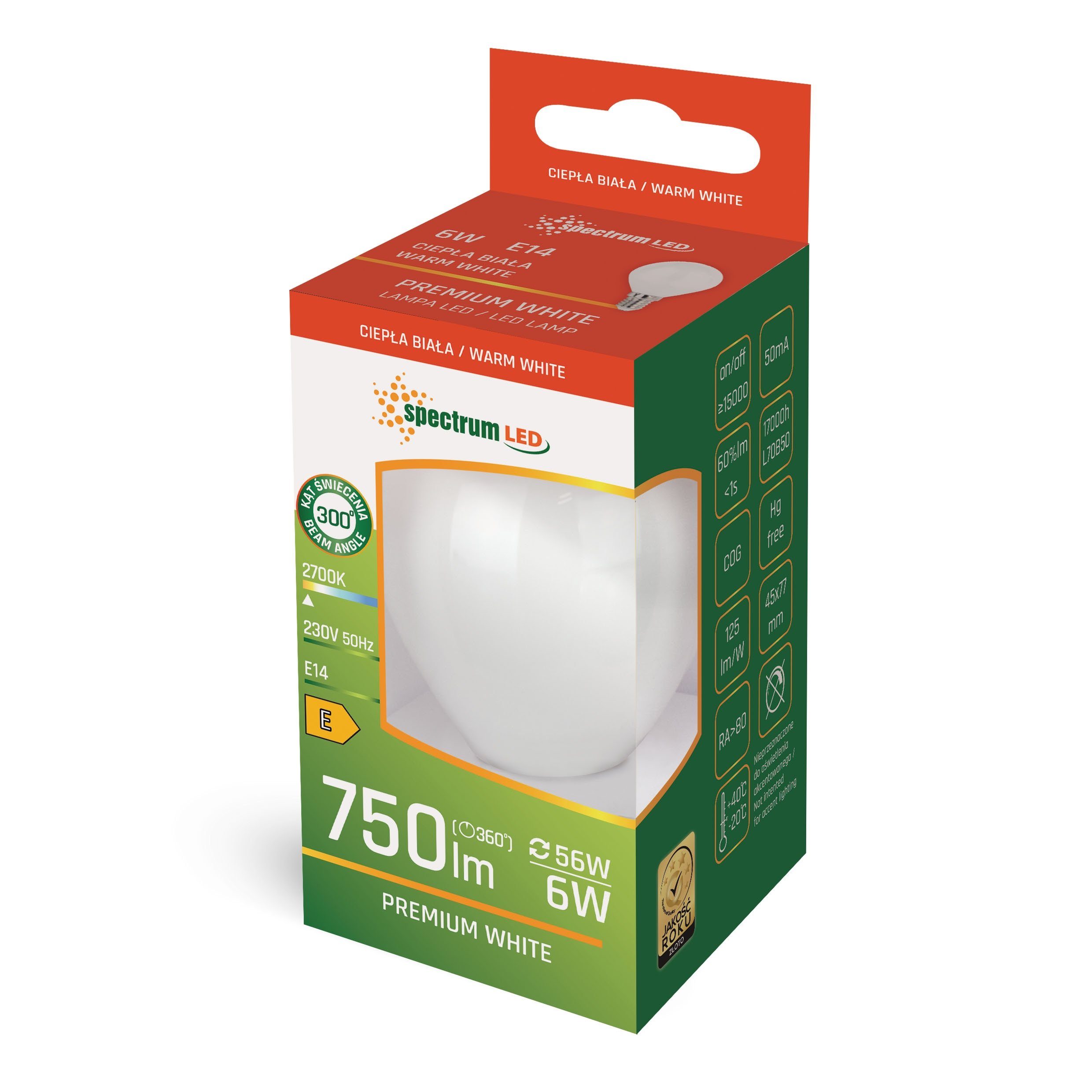 spectrum LED LED-Leuchtmittel E14, Warmweiß 300° E14 = 750lm 2700K, G45 Warmweiß Matt Tropfen 56W 6W Filament LED