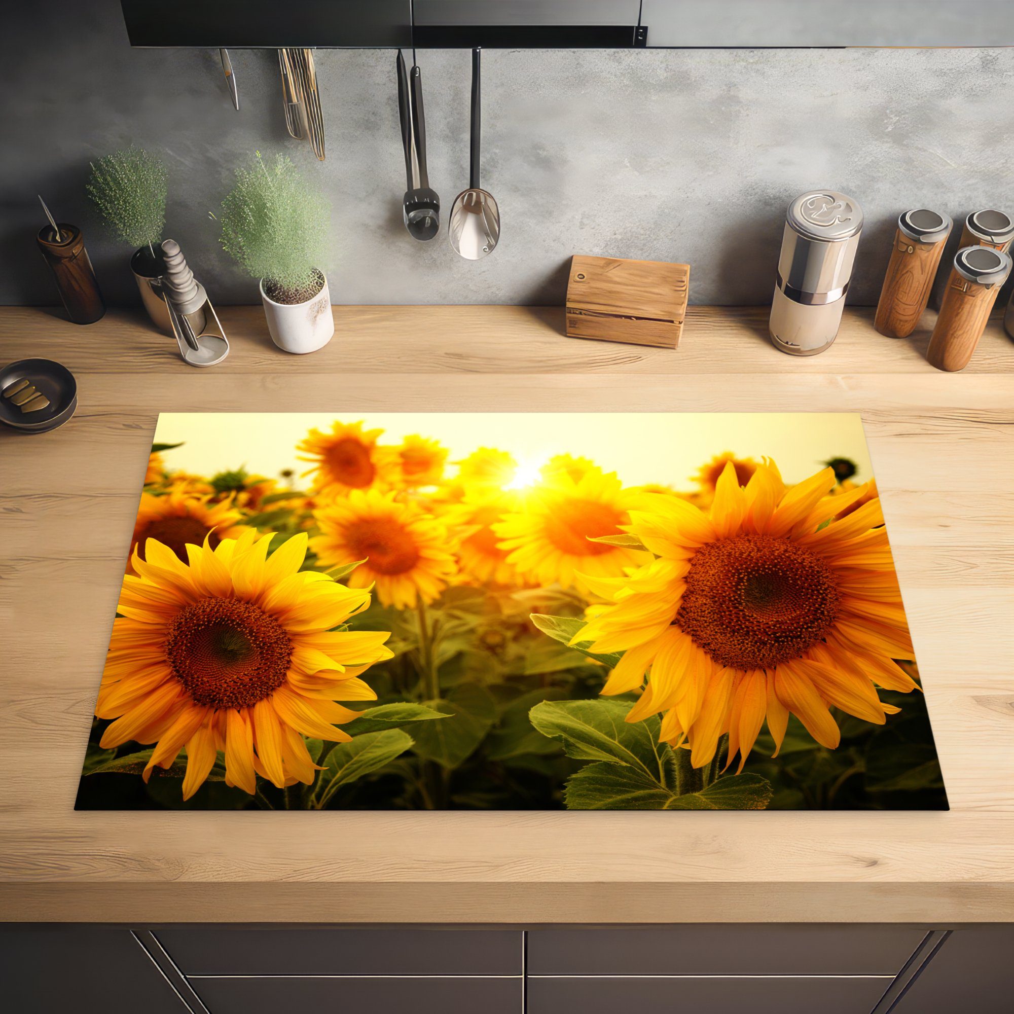Gelb Herdblende-/Abdeckplatte 81x52 - für cm, MuchoWow Schutz Induktionskochfeld küche, (1 Blumen Ceranfeldabdeckung tlg), Sonnenblume Sonne, die Vinyl, - -