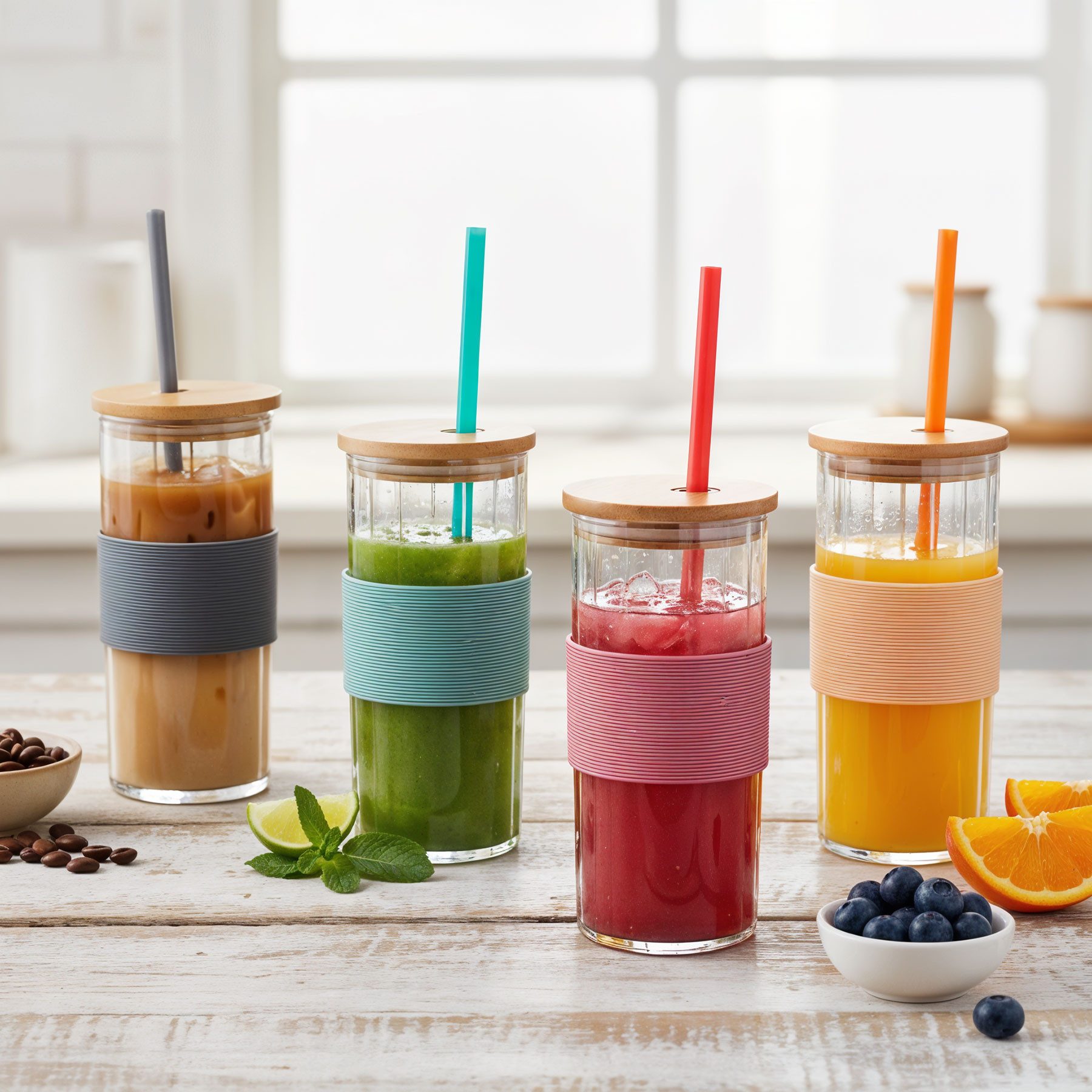 Levandeo® Glas, 4er Set Glas mit Deckel 400ml Bunt Strohhalm Bambusdeckel Trinkbecher