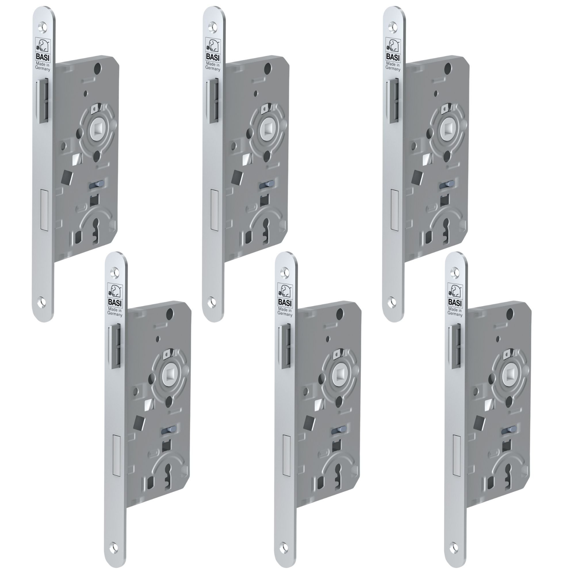 BASI Einsteckschloss Zimmertürschloss mit BB-Lochung 72/8 mm, Dorn 55mm, Dornmaß 55 mm, Packung, 6-tlg., 6er SET DIN Rechts, Stulp Abgerundet, Buntbart, 1 Schlüssel/Schloss