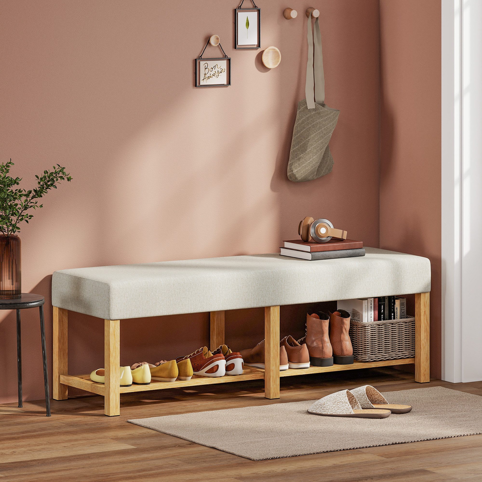 HOMCOM Schuhbank Schuhregal Sitzbank mit Sitzfläche für Wohnzimmer, Flur Cremeweiß (Flurbank, 1-St., inkl. Sitzkissen), Bank aus Massivholz mit Stauraum
