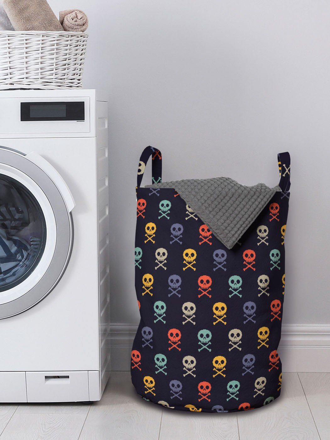 Abakuhaus Wäschesäckchen Wäschekorb Kunst mit Kordelzugverschluss Pixel Knochen Griffen Waschsalons, mit Schädel für