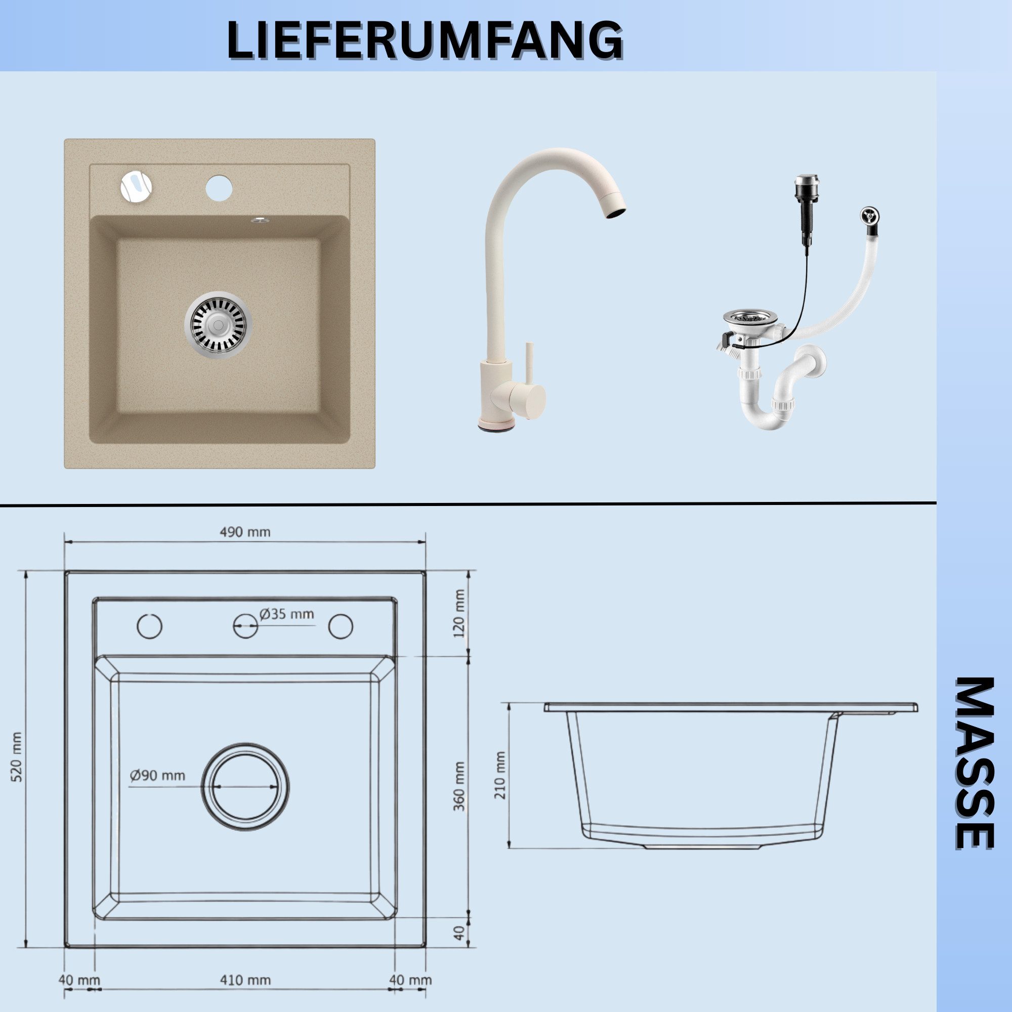Faizee Möbel Granitspüle Granitspüle Küchenspüle inkl. Siphon & Armatur Beige 48x50cm – Bild 4 von 4