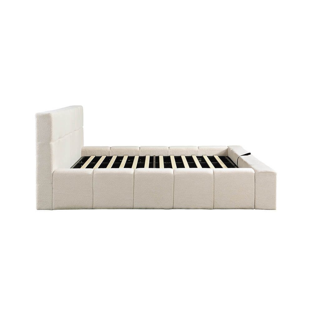 HOME DELUXE Stauraumbett Familienbett - 200 x 200 cm, LED-Beleuchtung, gepolstertes Kopfteil, Teddy Boucle Stoff Bett