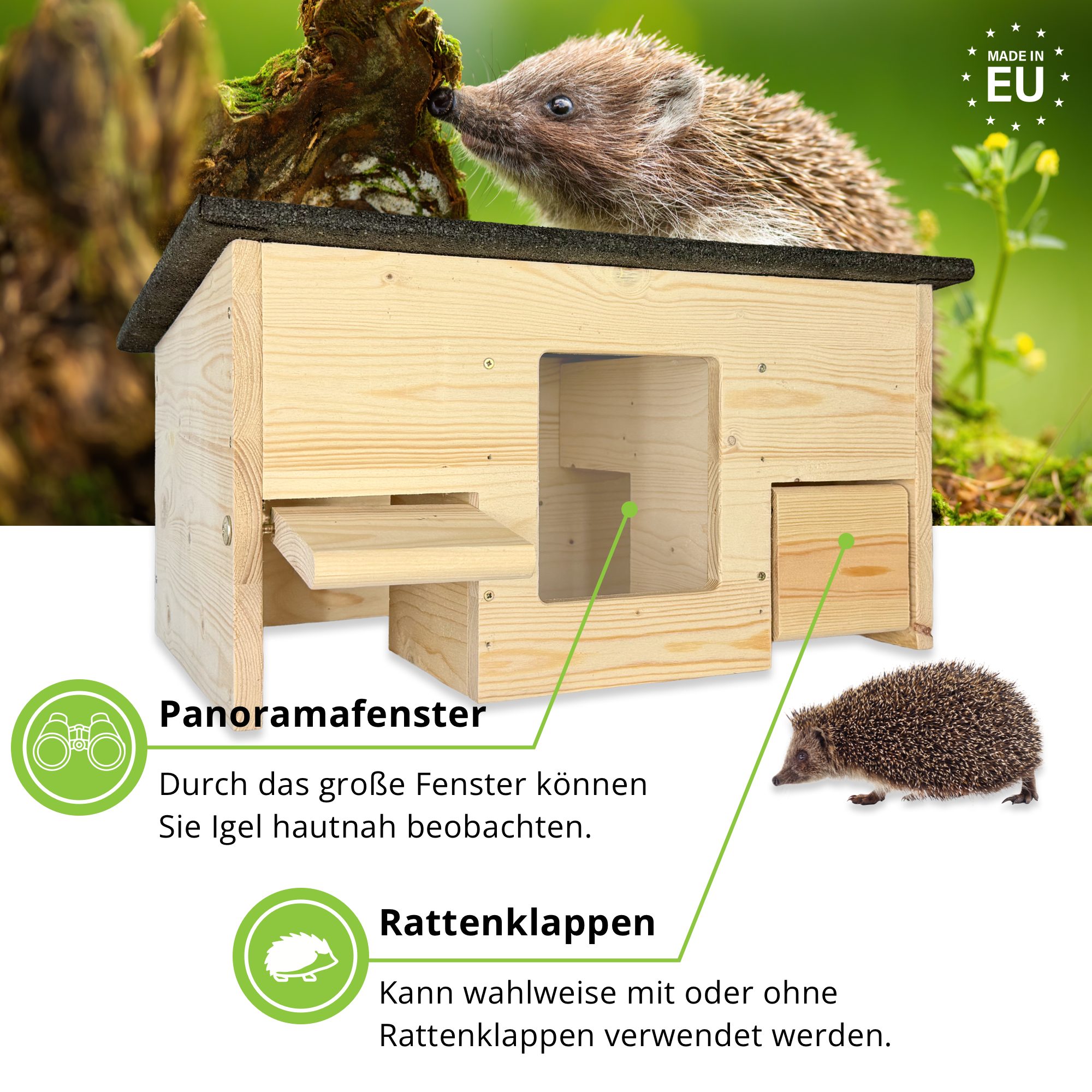 gartenetage Igelhaus Igelfutterhaus mit Beobachtungsfenster & Rattenklappen aus Holz, Sicheres Igelhaus für Garten mit Schleuse, Fluchtweg & Wetterschutz