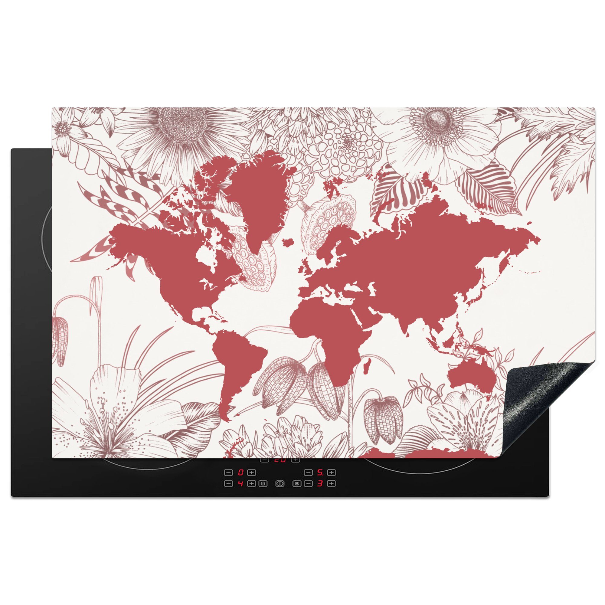 MuchoWow Herdblende-/Abdeckplatte Weltkarte - Rosa - Weiß, Vinyl, (1 tlg), 81x52 cm, Induktionskochfeld Schutz für die küche, Ceranfeldabdeckung