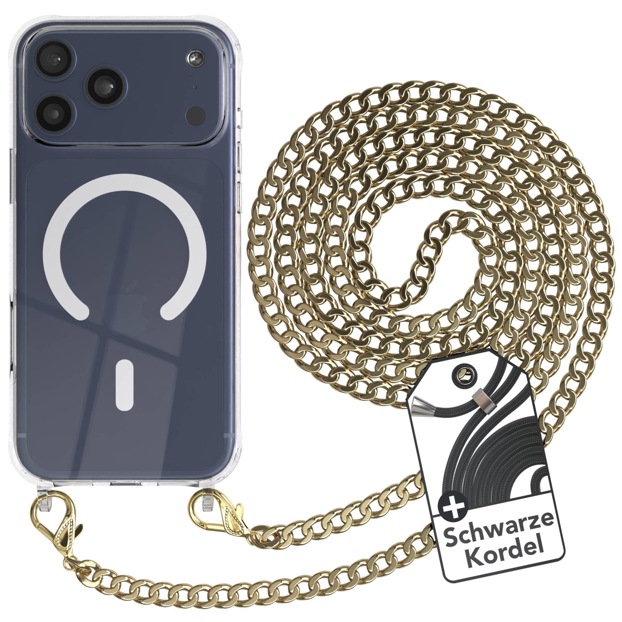 EAZY CASE Handykette Metall MagSafe Hülle für Apple iPhone 17 Pro Max 6,9 Zoll, Handyhülle Transparent Smartphonekette für Unterwegs Necklace in Gold