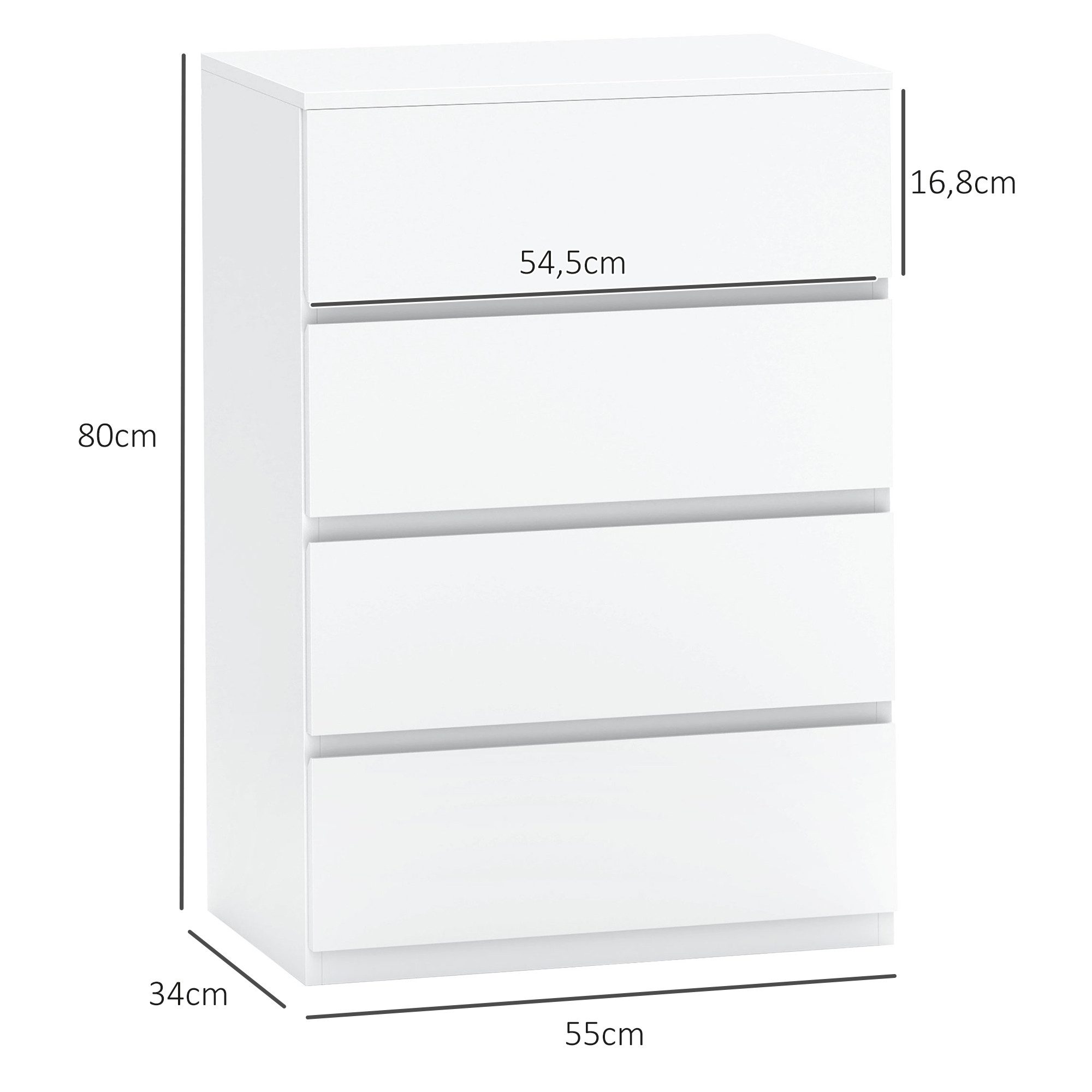 HOMCOM Kommode Schubladenschrank Sideboard mit 4 Schubladen (Beistellschrank, 1 St., Büroschrank), für Wohnzimmer, Schlafzimmer, Weiß, 55 x 33 x 80 cm