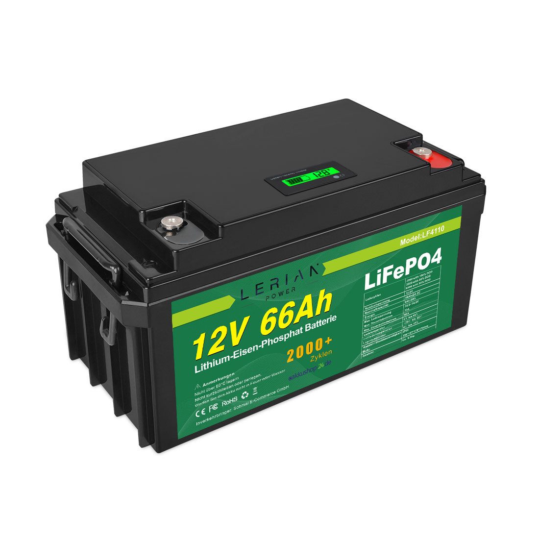 LERIAN POWER LiFePO4 Akku 12V 66Ah 60A Lithium-Eisenphosphat Batterie Camping Boot Akku