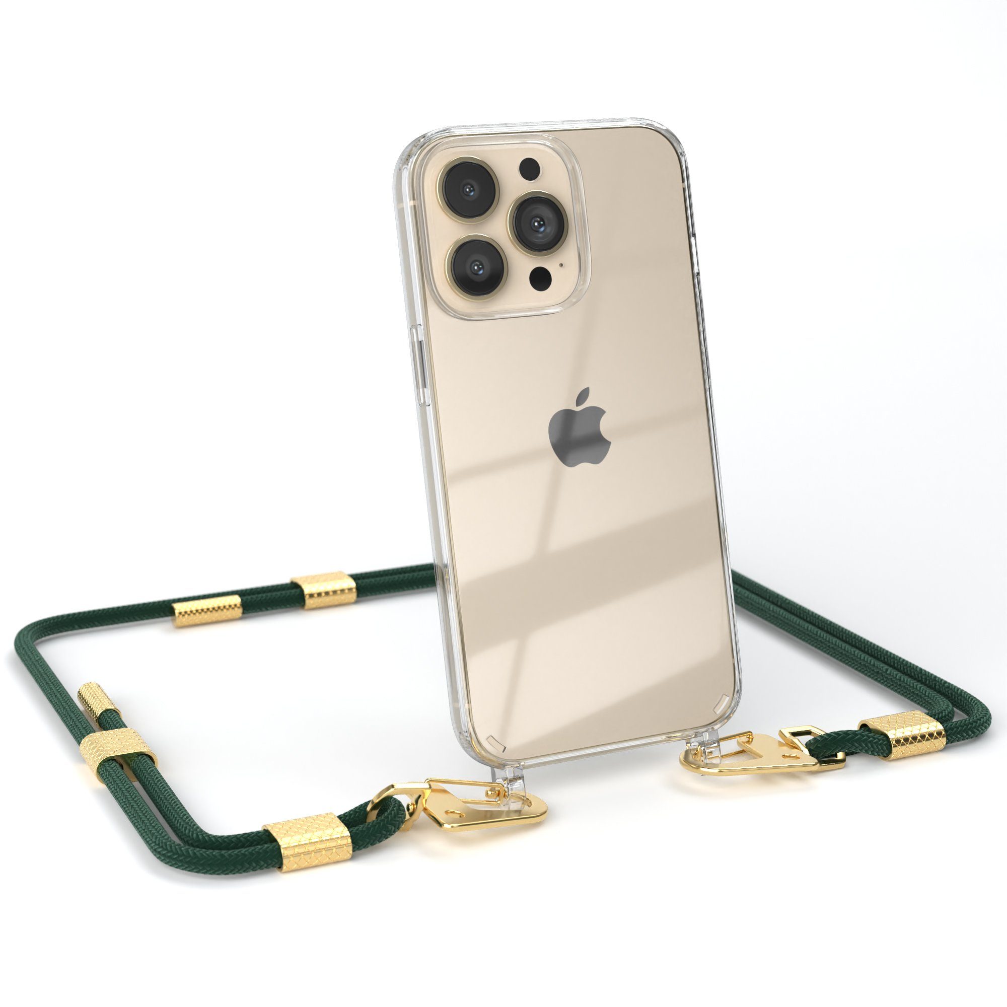EAZY CASE Handykette Silikonhülle mit Kette für Apple iPhone 13 Pro 6,1 Zoll, Silicon Handyhülle mit runder Kette Carabiner Necklace Dunkelgrün Gold