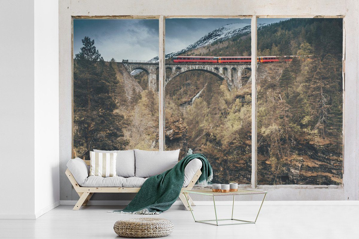 MuchoWow Fototapete Aussicht - Berg - Brücke, Matt, bedruckt, (6 St), Wallpaper für Wohnzimmer, Schlafzimmer, Kinderzimmer, Vinyl Tapete