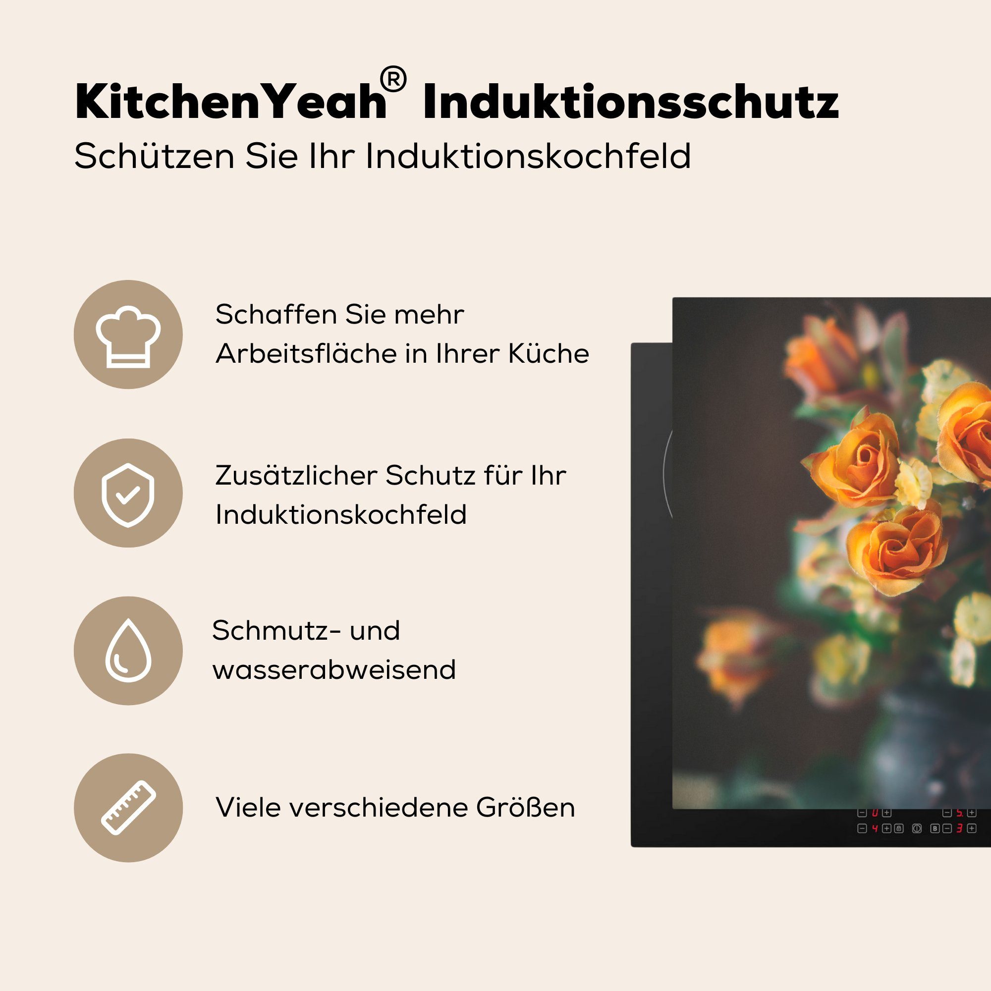 küche tlg), Blumen, - Arbeitsplatte MuchoWow (1 für Rosen Orange Herdblende-/Abdeckplatte 78x78 cm, Vinyl, Ceranfeldabdeckung, -