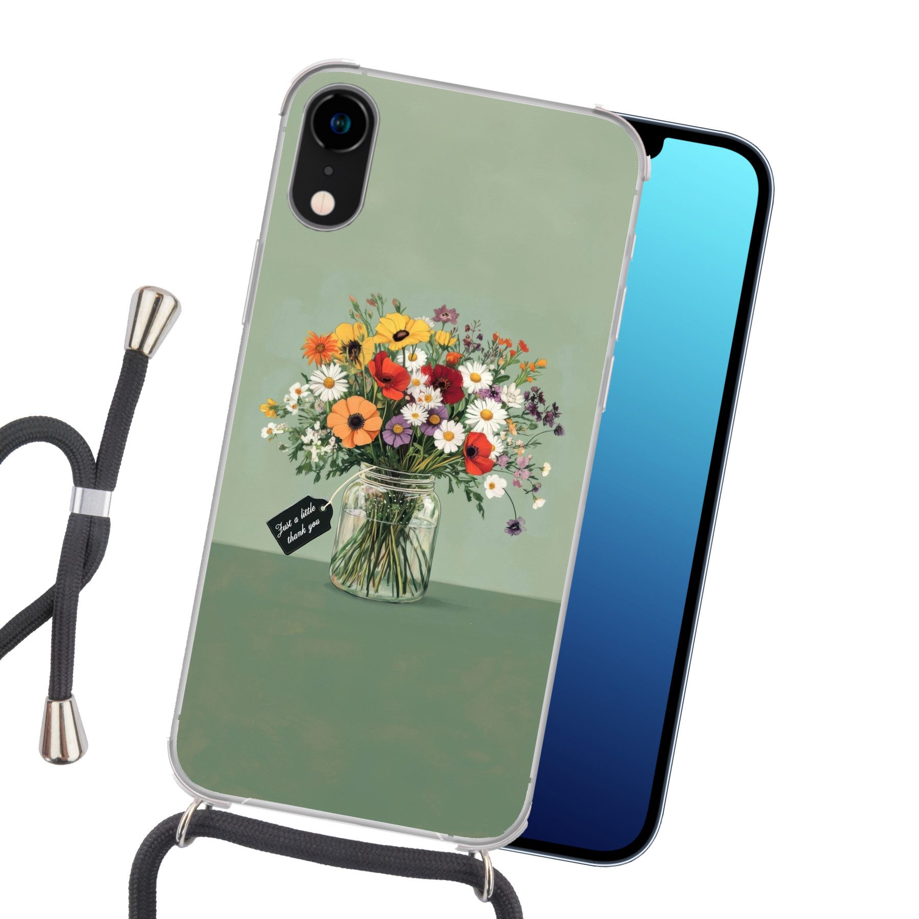 MuchoWow Handyhülle für Apple iPhone XR Blumen - Vase - Karte, Tragbare Handyhüllen mit Kette zum umhängen, Handykette Handyband