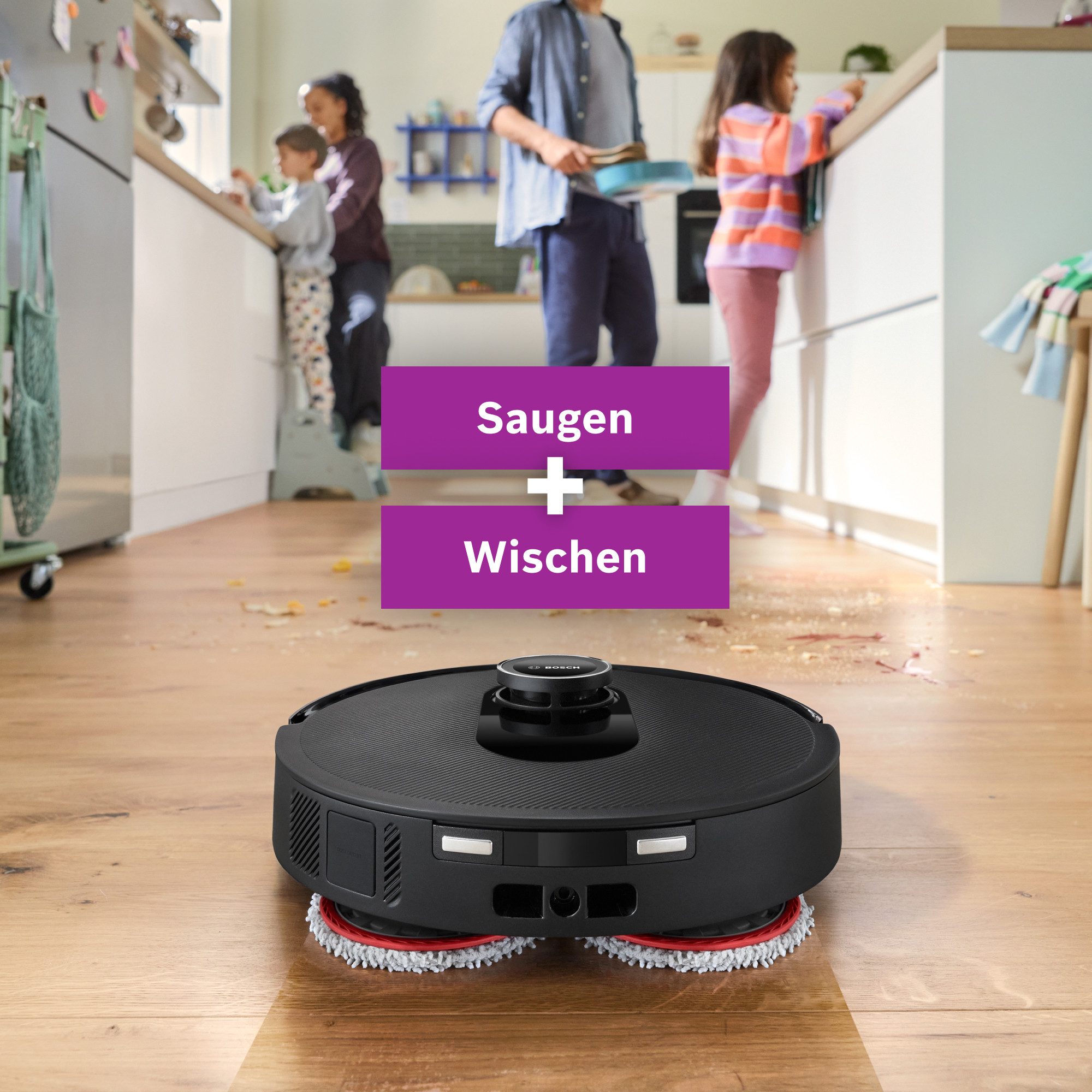 BOSCH Saugroboter Spotless Max BCRDW3B mit Wischfunktion, rotierende Wischpads, 60 W, mit Beutel, Datensicherheit, 11.000 Pa Saugkraft, Absaugstation, Carbon Bürste