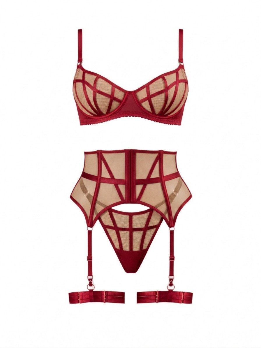 Elegant Love Set: Bügel-BH Sexy Dessous-Set im Korsagen-Stil – Transparente Reizwäsche (Straps-Set, 3-tlg., BH + High-Waist-String + integrierten Strumpfhaltern mit Beinriemen) Lingerie-Set mit Strapsen – Damenunterwäsche für besondere Momente
