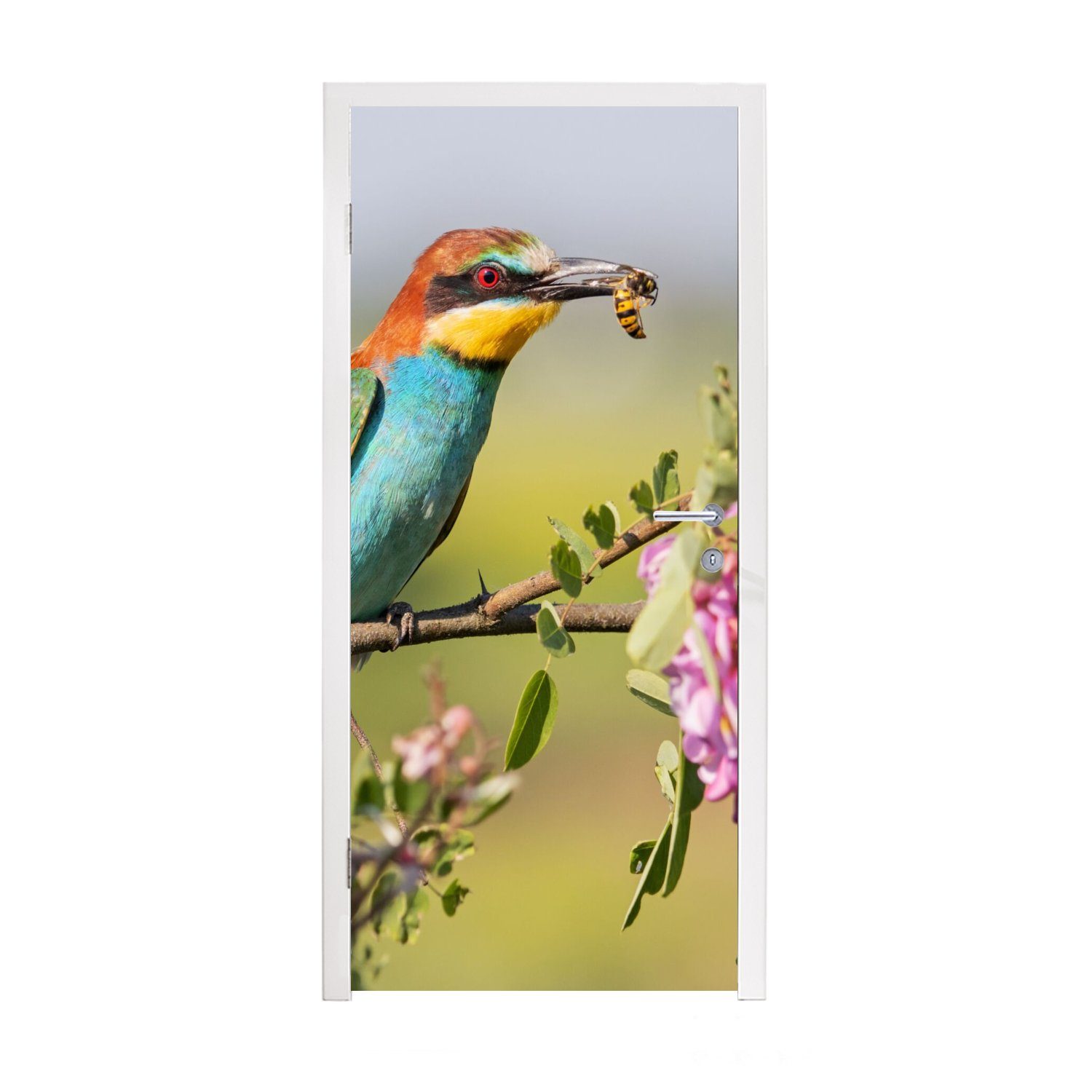 MuchoWow Türtapete Vogel - (1 für - Türaufkleber, bedruckt, St), Bienenfresser Blumen, cm Fototapete 75x205 Matt, Tür