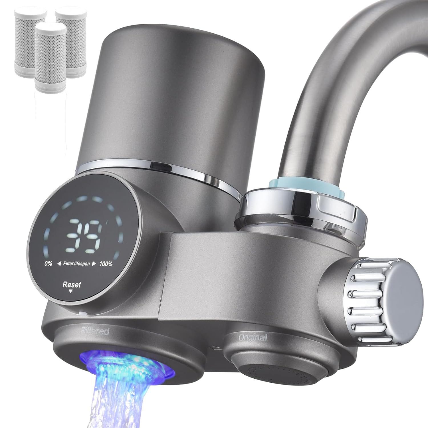 ibettertec Wasserhahnfilter Wasserfilter Wasserhahn mit Blaulicht, 3 Wasserreiniger Filterelement, Zubehör für Ein hochwertiger Wasserfilter für Wasserhähne und Küchenarmaturen., Wasserfilter Wasserhahn mit LED Anzeige,12x Adapter