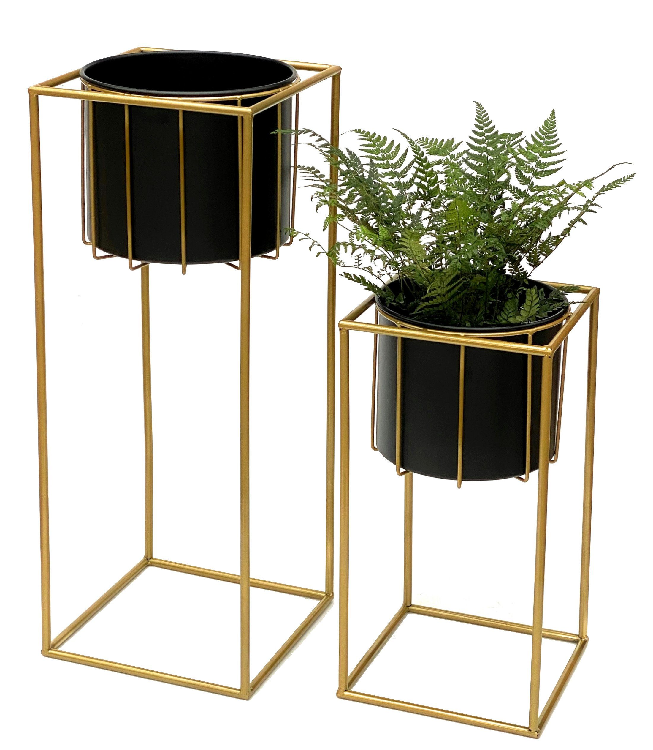 Blumenständer mit Topf Metall Gold Schwarz Eckig 2er Set Blumenhocker 96035