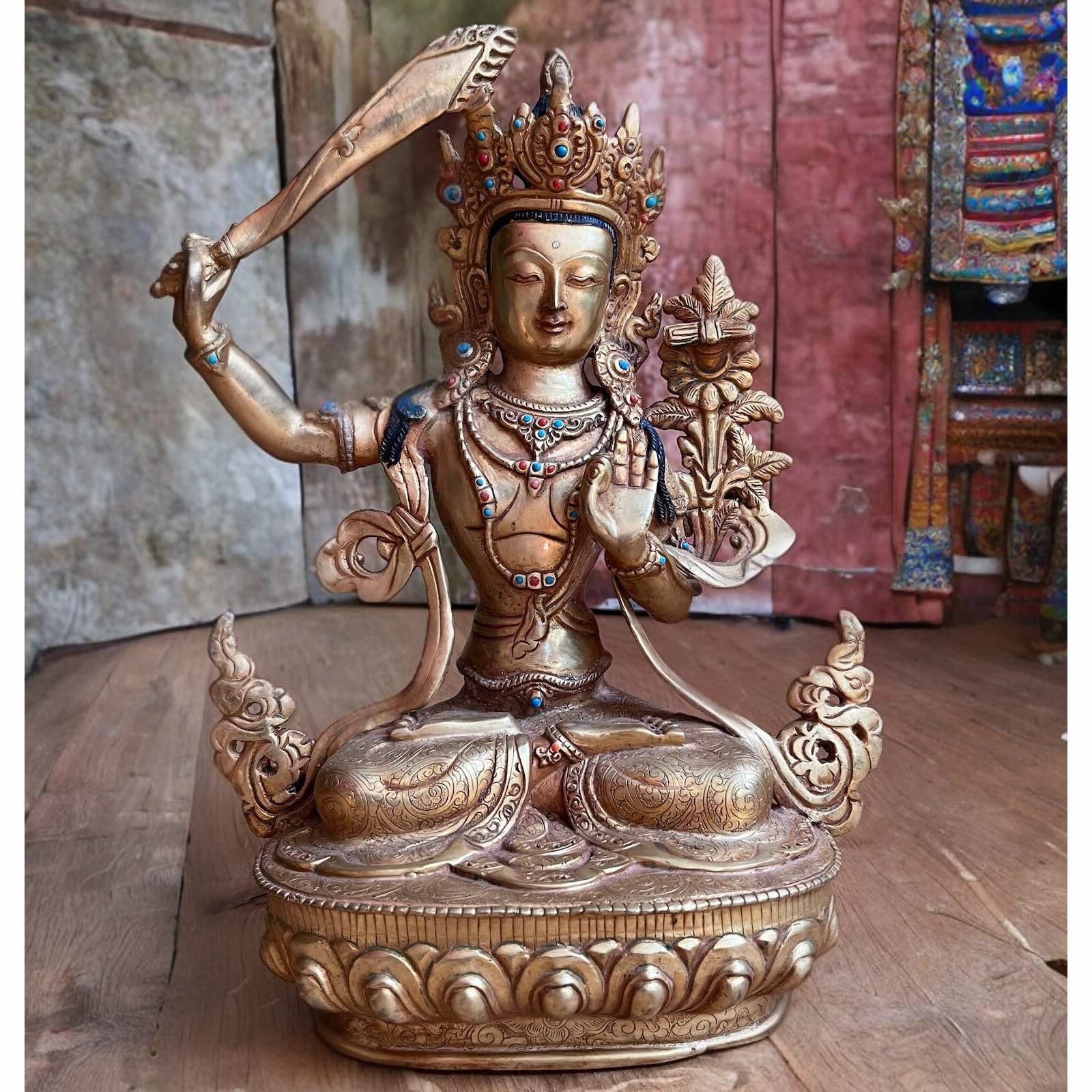 Buddha feuervergoldet Buddhafigur Bronze Manjushri Asien Himalaya LifeStyle Figur Skulptur