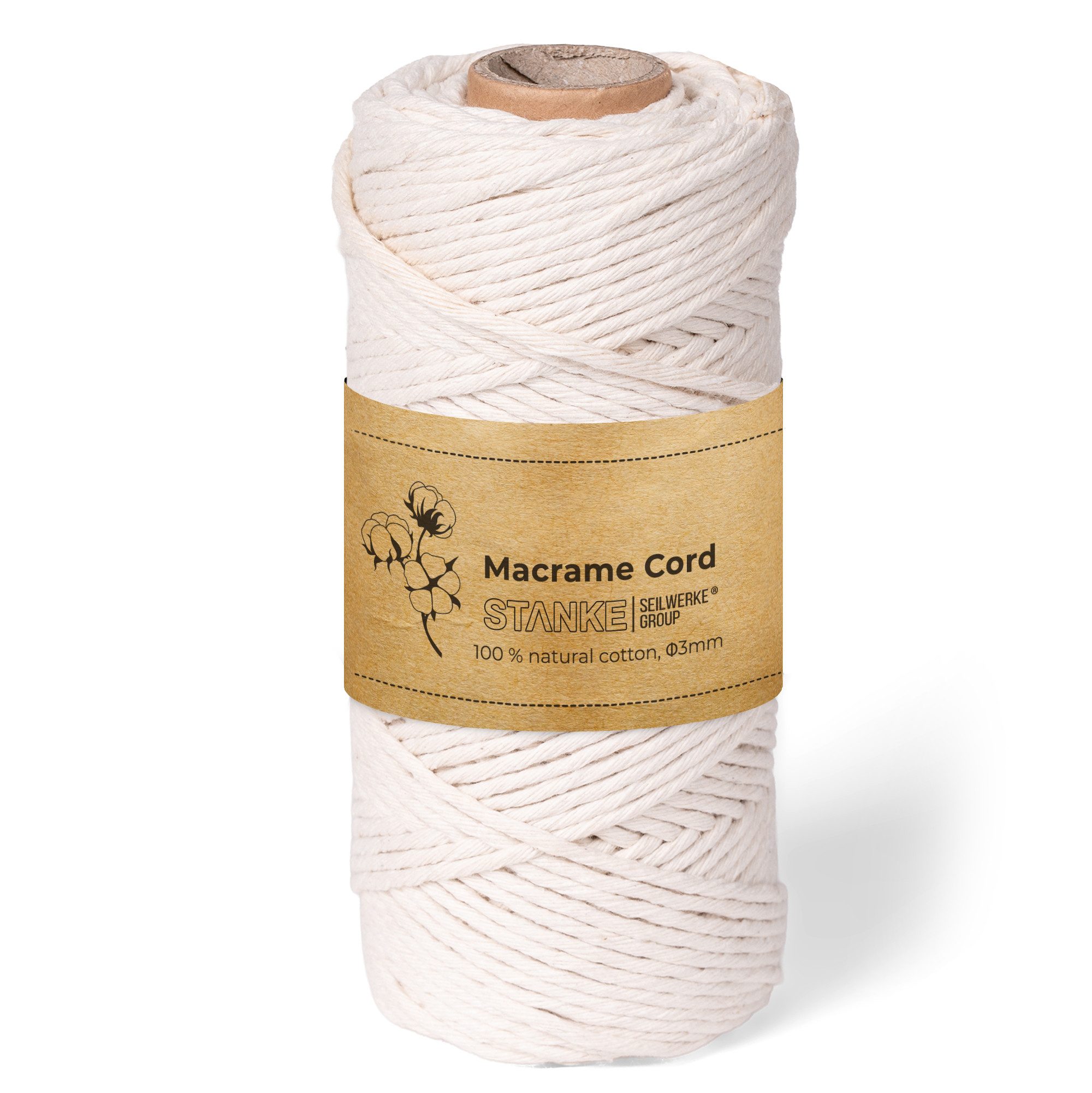 STANKE Makramee Garn 3mm 100 m Farbe Natur - Baumwollgarn für Boho Bastelgarn, 100 m (100m Rolle, 1-St., 100m Rolle), DIY, Körbchen, Traumfänger für Untersetzer, Taschen 100% Baumwolle