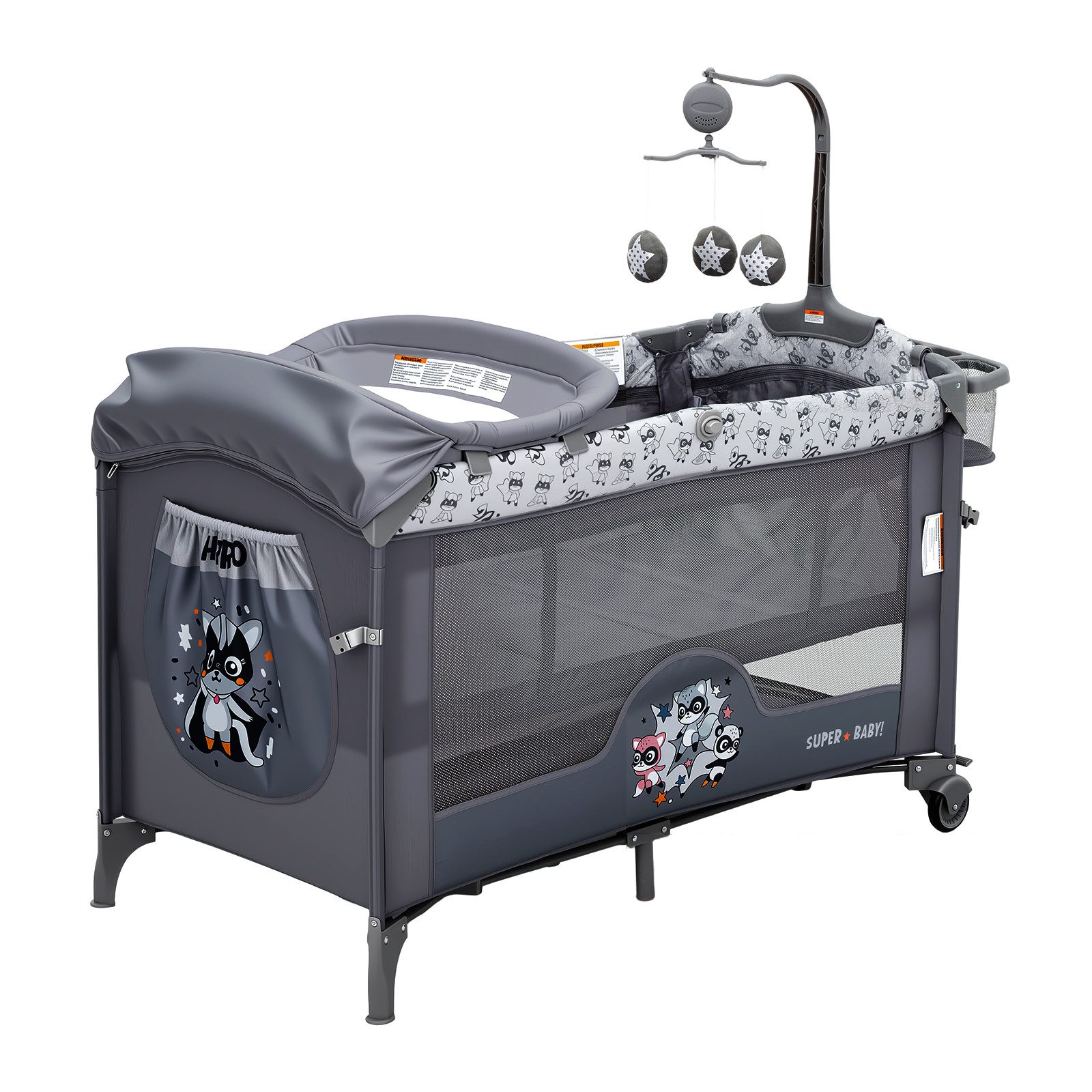 GarveeMore Babybett 5-in-1 Reisebett, faltbares Babybett für Babys mit Wickeltisch, Wiegefunktion,Hängespielzeug, 4 verstellbaren Höhen