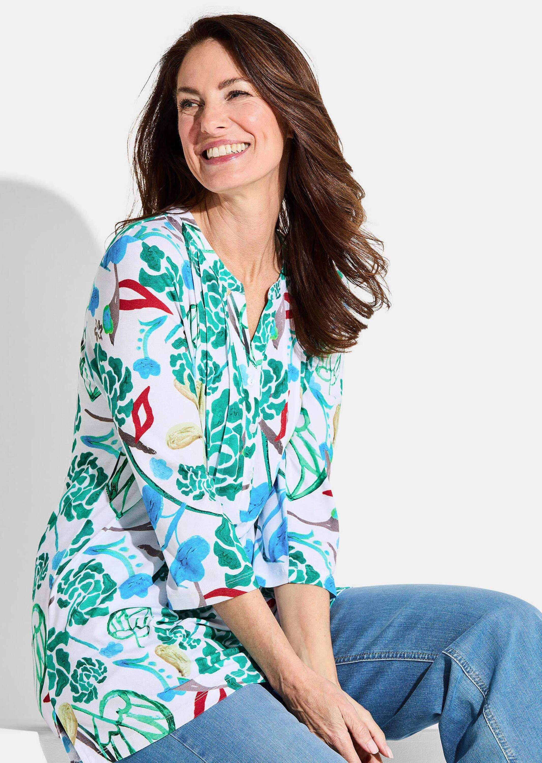 GOLDNER Tunika Kurzgröße: Halbarm Tunika mit Allover-Print Bluse mit frischen Farben, Rundhals, Knopfleiste, 3/4-Arm