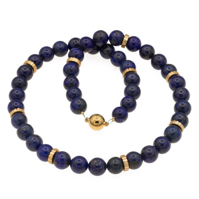 Bella Carina Perlenkette Kette mit Lapislazuli 10 mm Perlen und goldfarbenen Verzierungen mit hochwertigem Lapislazuli