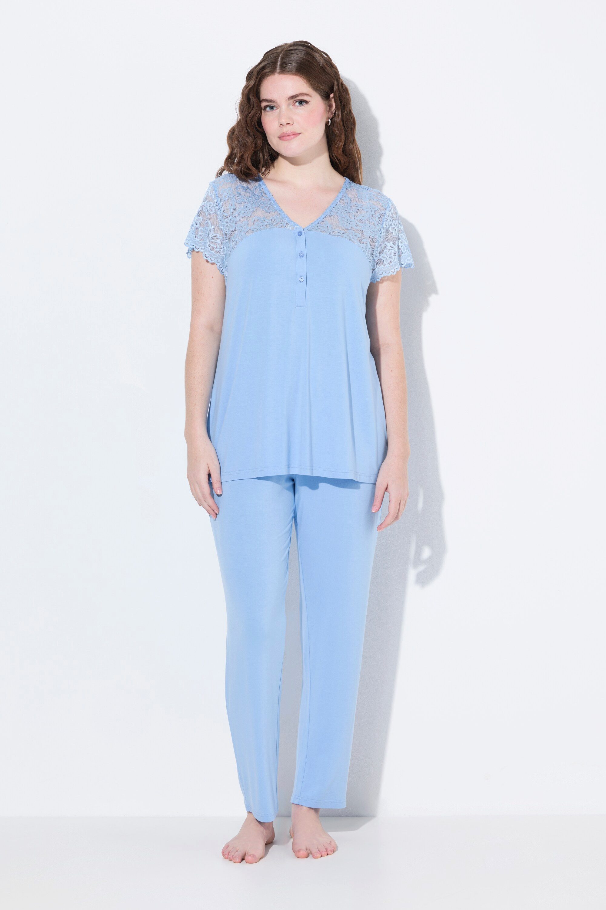 Ulla Popken Pyjama Pyjama Spitze V-Ausschnitt günstig online kaufen