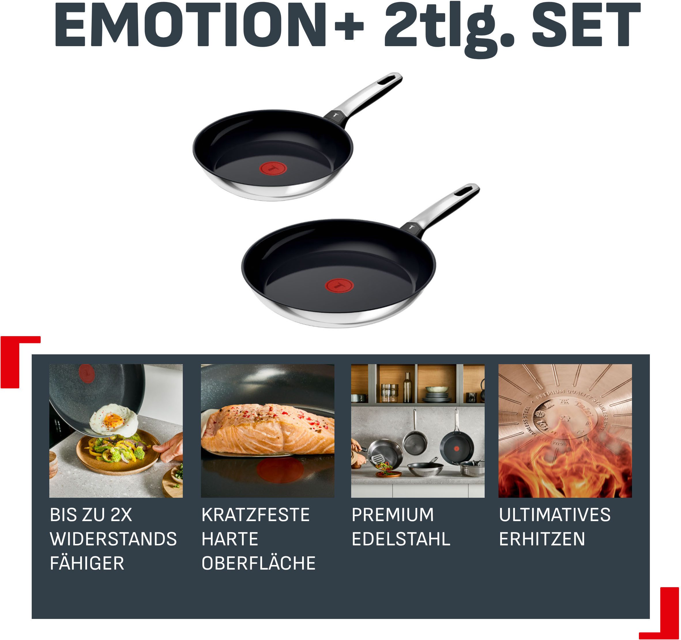 Tefal Pfannen-Set Emotion+, Edelstahl (Set, 2-tlg., je 1 Pfanne 24/28 cm), Premium Edelstahl, Induktion, spülmaschinenfest, hochglanzpoliert