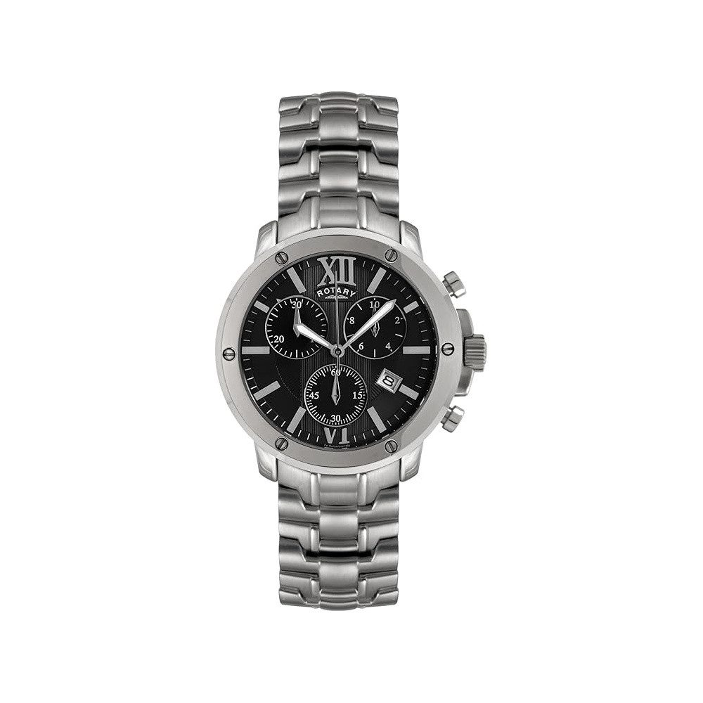 ROTARY Quarzuhr Herren Chrono Edelstahl schwarzes Zifferblatt römisch Datum GB02837/04, Stoppuhr, Schraubkrone durch Gehäuseflanken geschützt