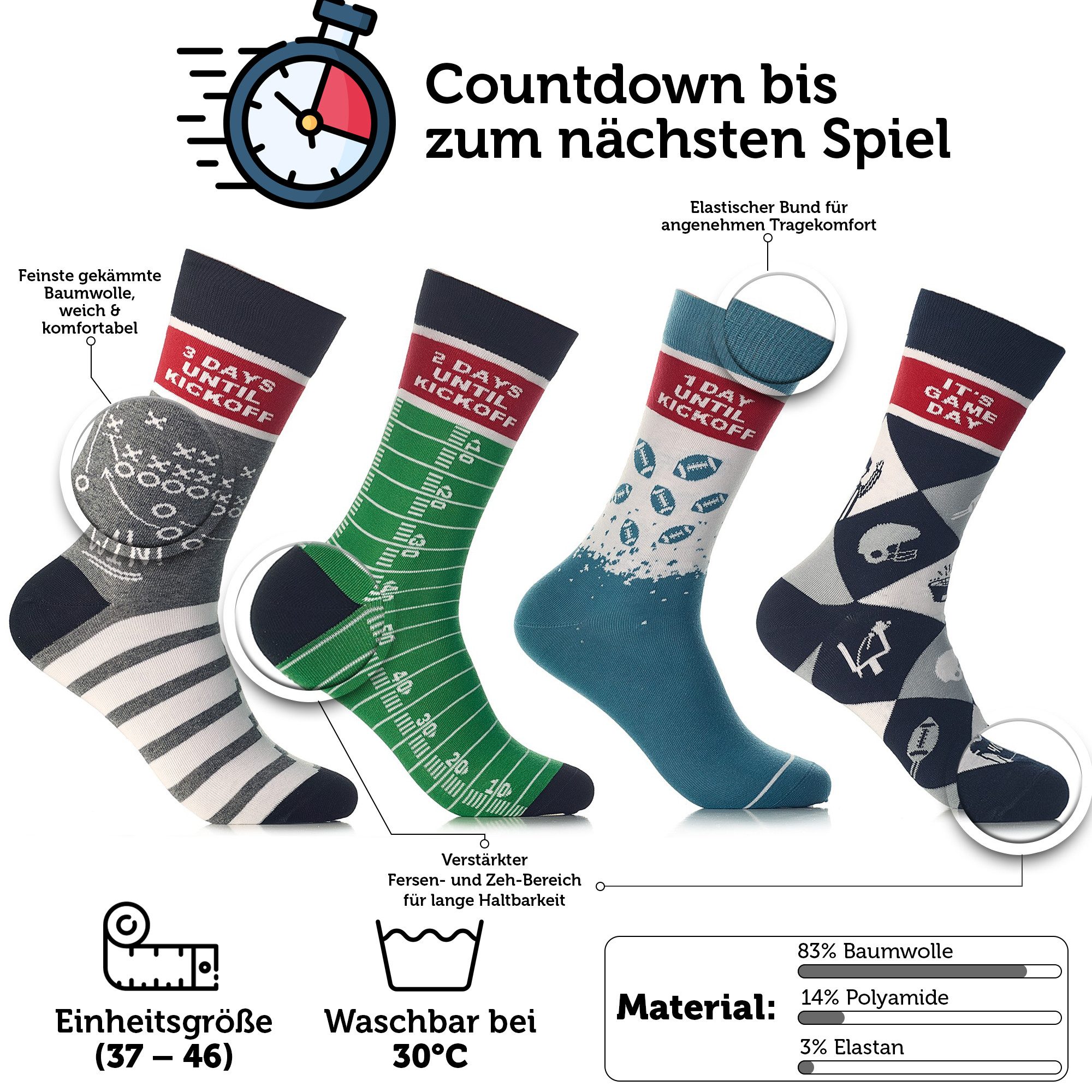40YARDS Socken American Football Countdown Socken zum Game Day (4er Set, [4 Paar Socken) One Size (Schuhgröße 39 - 48)