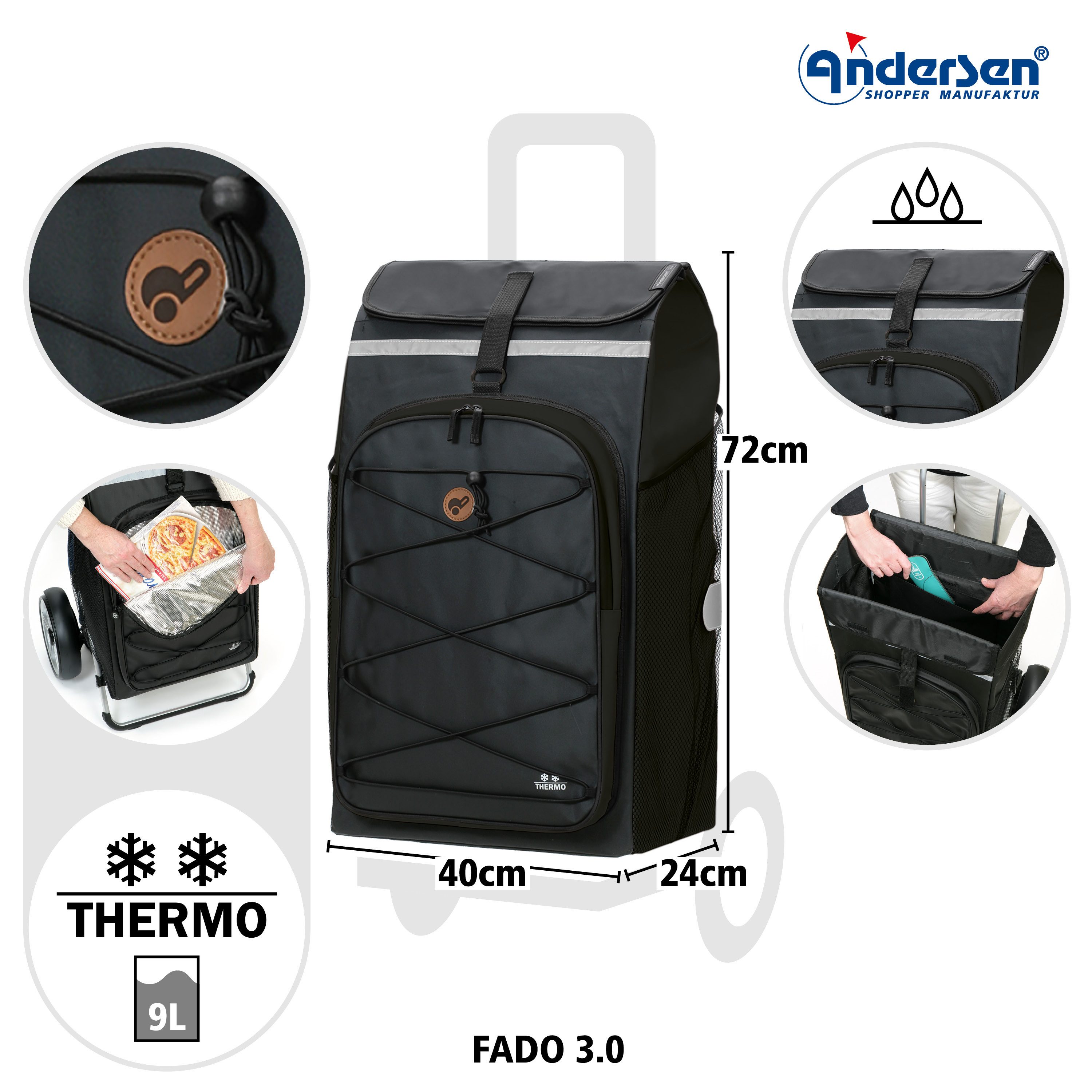 Andersen Einkaufstrolley Royal Shopper Plus Fado 3.0 schwarz, Thermofach 9 Liter, klappbar, belastbar bis 50kg, wasserabweisend – Bild 4 von 5