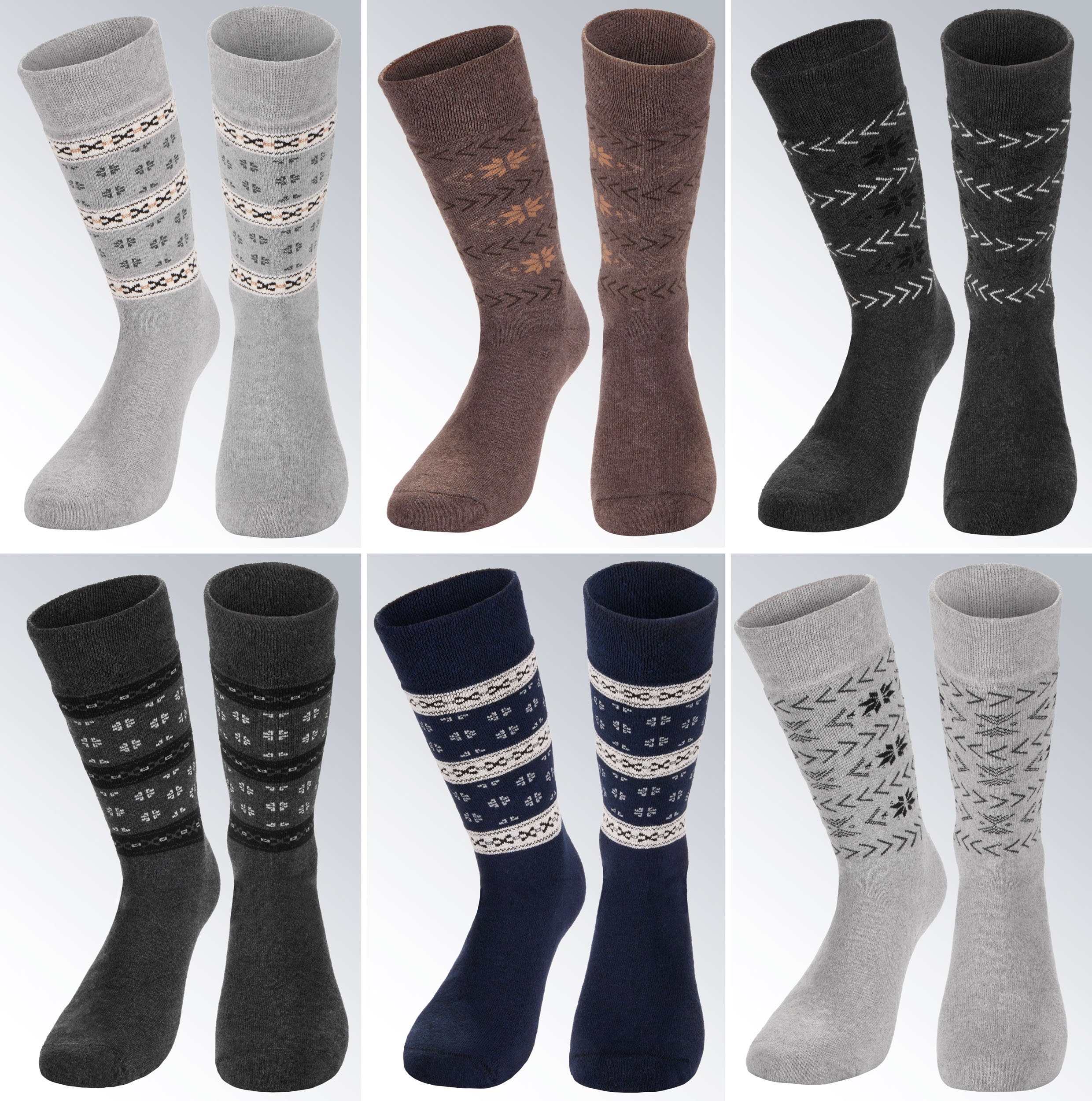 BRUBAKER Norwegersocken Wintersocken - Norweger Thermosocken für Damen und Herren (Farbmix Grau, Blau und Braun, 6-Paar, Socken mit Innenfrottee) Unisex Norwegersocken extra warm und weich