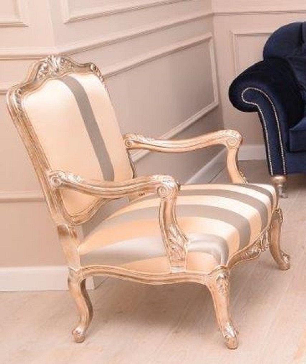 Casa Padrino Sessel Luxus Barock Sessel Beige / Silber / Gold - Prunkvoller Wohnzimmer Sessel mit Streifen - Barock Wohnzimmer Möbel - Edel & Prunkvoll