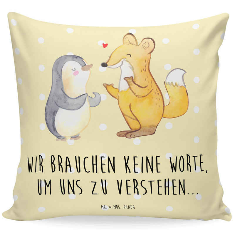 Mr. & Mrs. Panda Dekokissen Fuchs & Pinguin gehörlos - Gelb Pastell - Geschenk, Sofakissen, Kisse, Weiche Mikrofaser