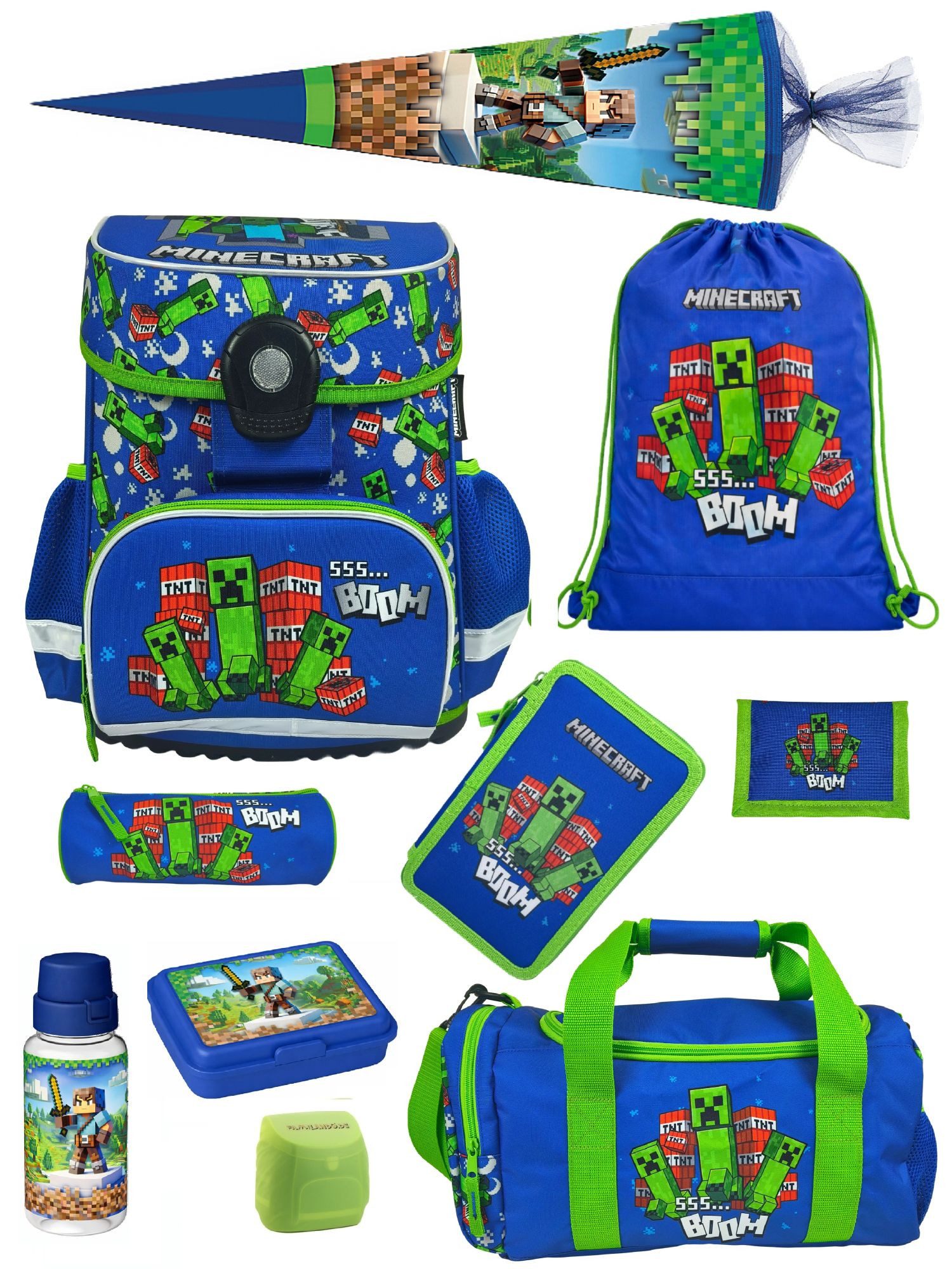Familando Schulranzen Minecraft 1.-4. Klasse ergonomisch, geräumig, Volumen 18 Liter (Set, 10-tlg., inkl. Sporttasche und Schultüte / Zuckertüte 85cm), MINECRAFT Motiv blau