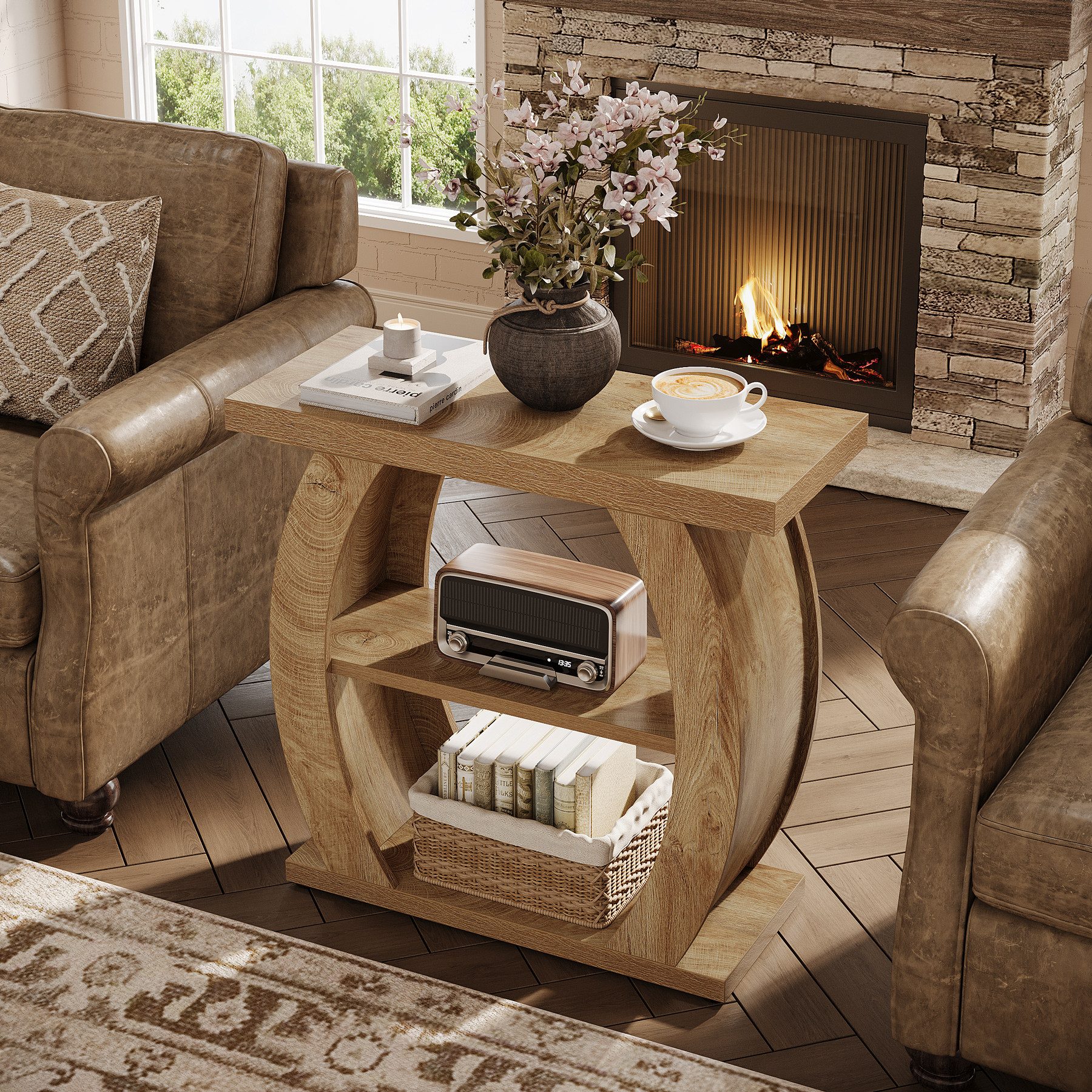 Tribesigns Beistelltisch mit Stauraum, 3 Ablagen Nachttisch Schmal, Gebogener Sofatisch Holz (1 x Beistelltisch - 1 x Zubehörpaket - 1 x Anleitung), Landhausstil Kleiner Tisch Beistelltisch für Wohnzimmer, Schlafzimmer