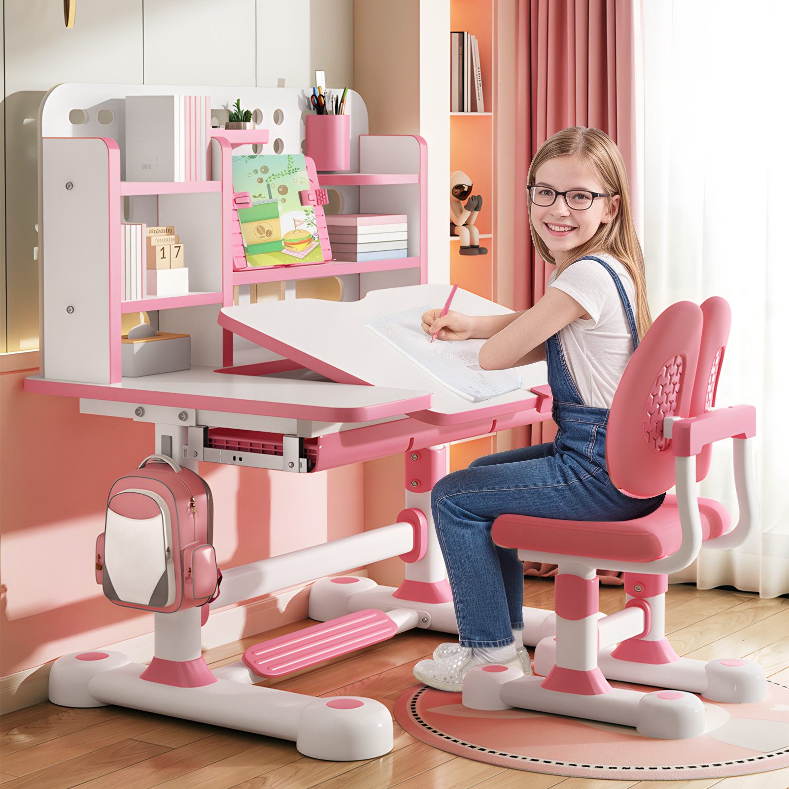 Rutaqian Kinderschreibtisch Kinder-Schreibtisch- und Stuhl-Set,Höhenverstellbar mit Sitzkorrektur (Multifunktionsschreibtisch mit Leseständer,Schublade,Rucksackhaken, 1-St., Ergonomischer Schreibtisch-Stuhl Set,Zonenförmig gestalteter Stauraum), Verstellbarer Schreibplatte, Kinder Schreibtisch für Jungs & Mädchen