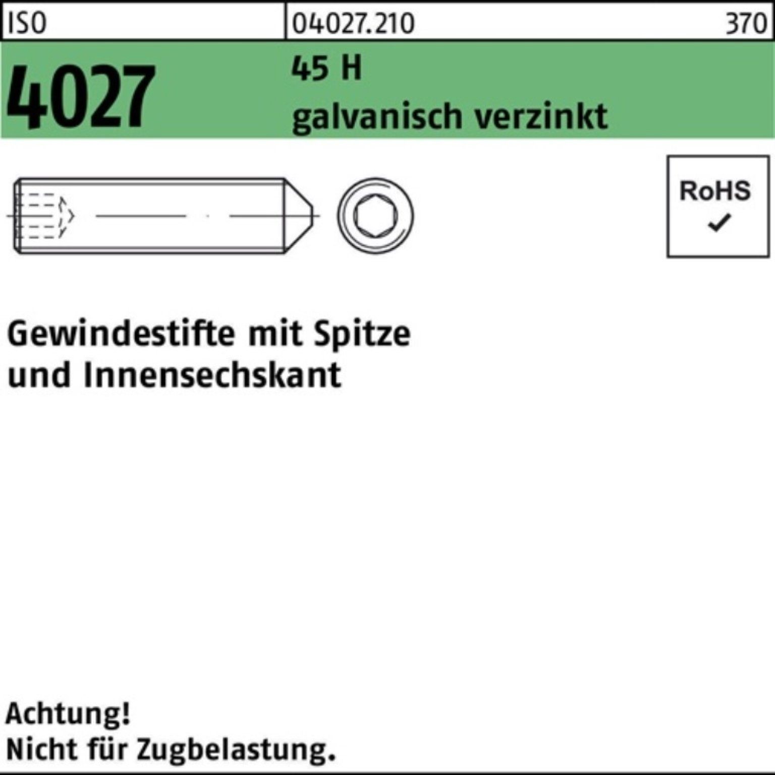 ISO H 200er 4027 Reyher Gewindestift 45 Gewindebolzen M6x45 galv.verz Pack Spitze/Innen-6kt